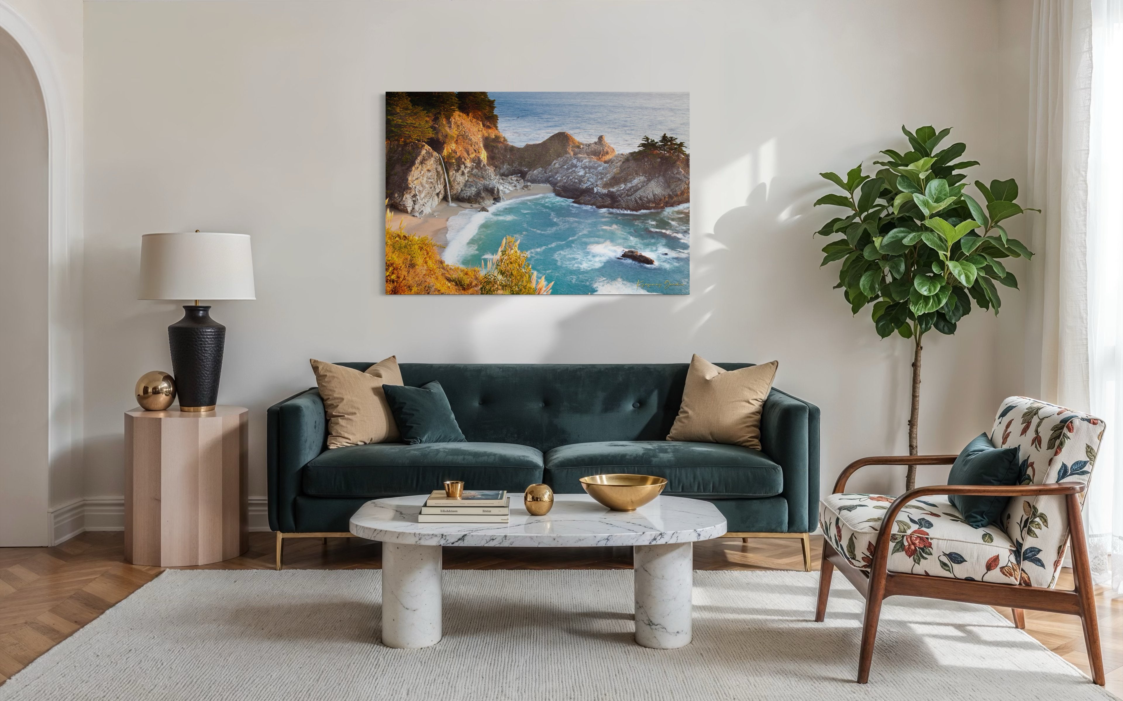 Waterfall cascading onto beach at McWay Falls, Big Sur, captured in golden sunset light. #Finish_Acrylic Recess