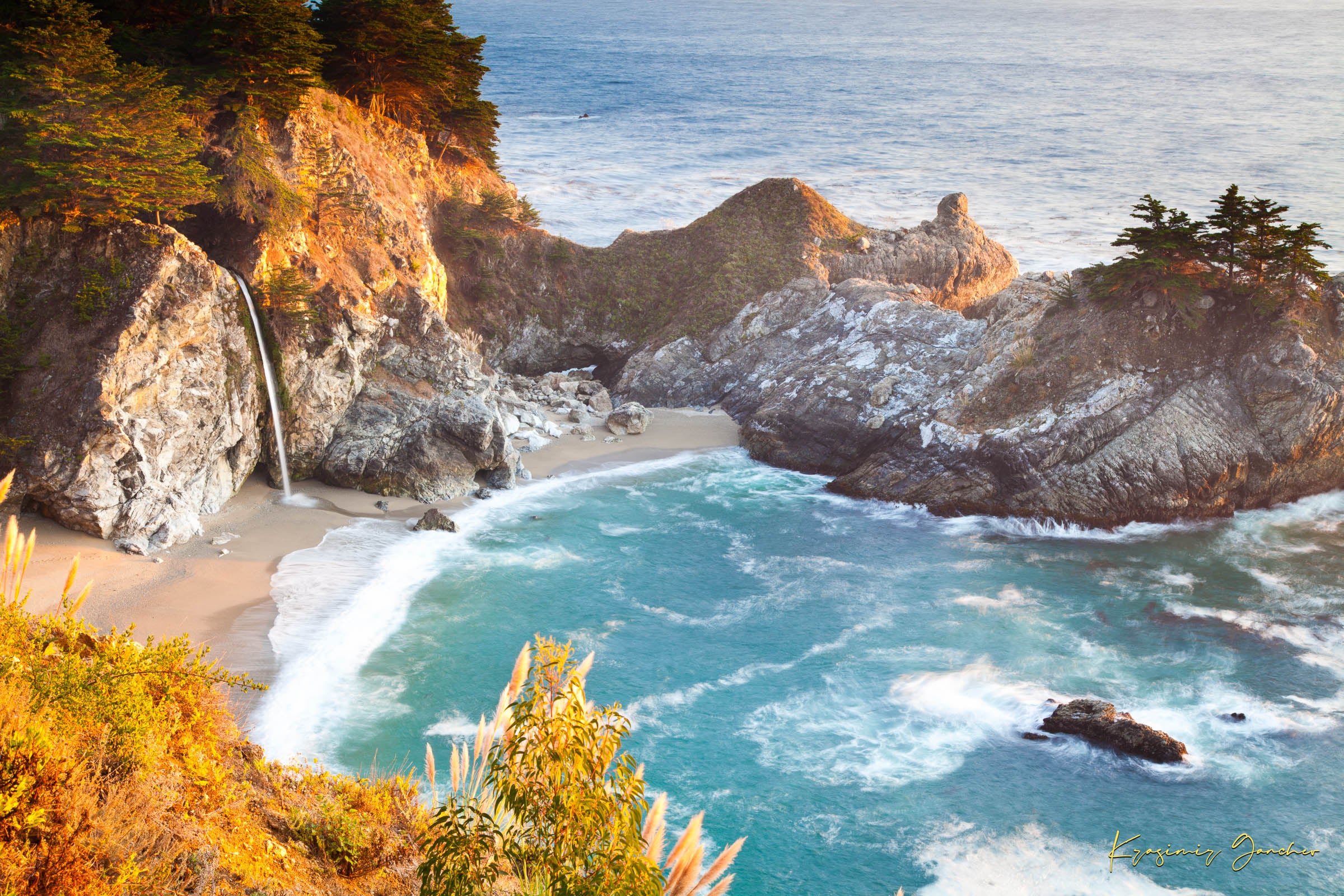 Waterfall cascading onto beach at McWay Falls, Big Sur, captured in golden sunset light. #Finish_Acrylic Recess
