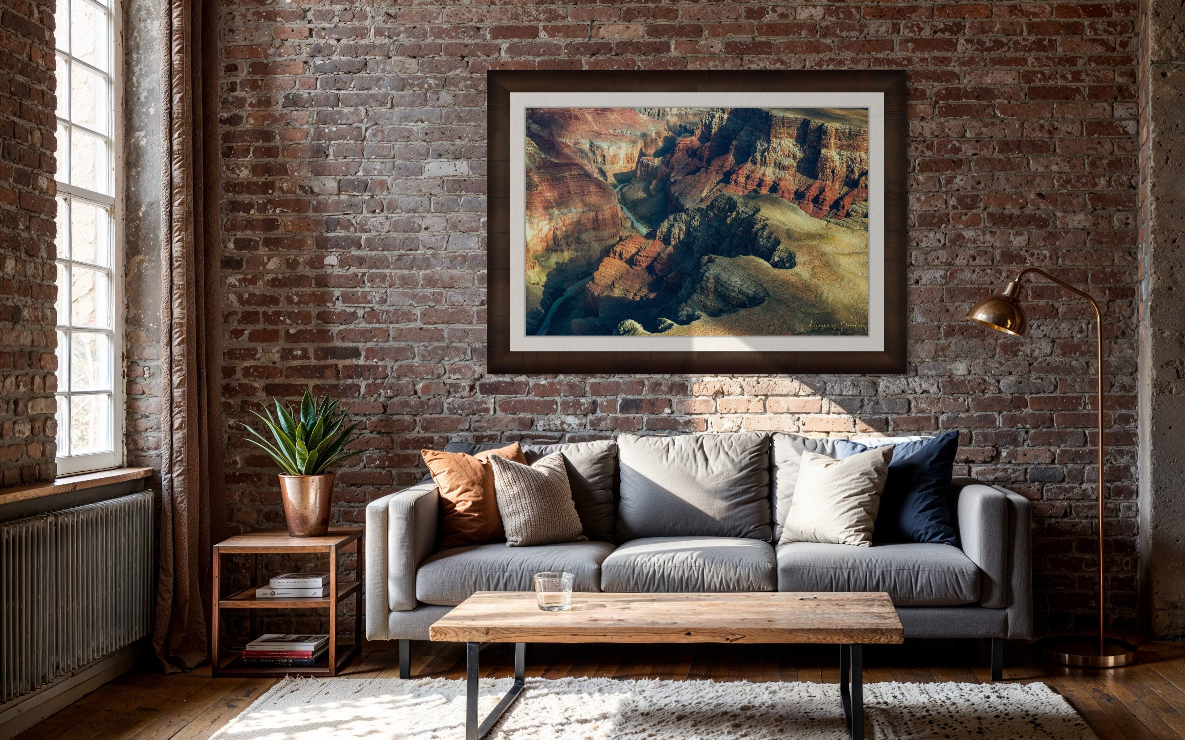 Canyon wall of Grand Canyon with layered reddish-brown strata illuminated by daylight under hazy conditions. #Finish_Roma Cigar Leaf Frame & Bright Liner