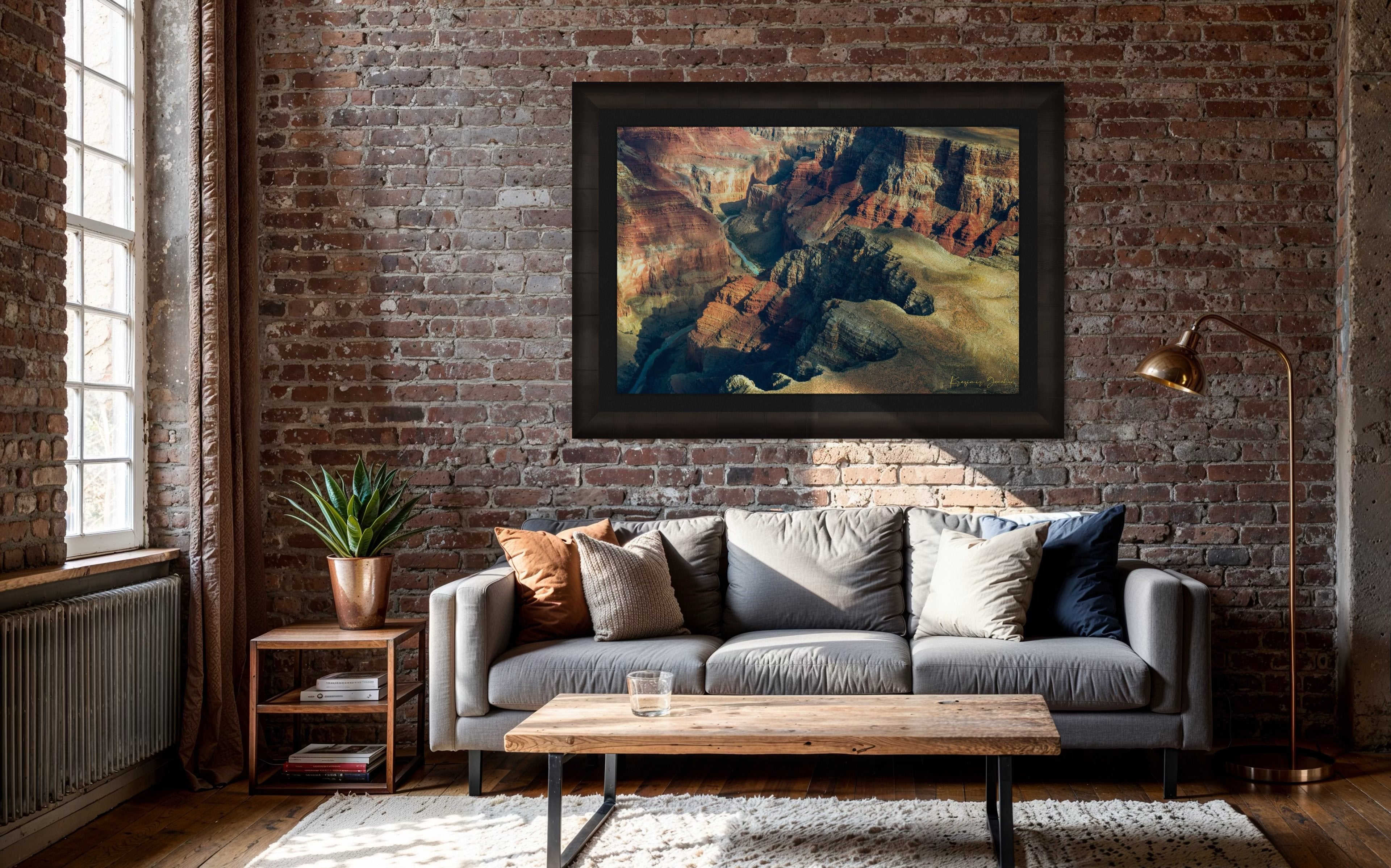 Canyon wall of Grand Canyon with layered reddish-brown strata illuminated by daylight under hazy conditions. #Finish_Roma Dark Ash Frame & Dark Liner
