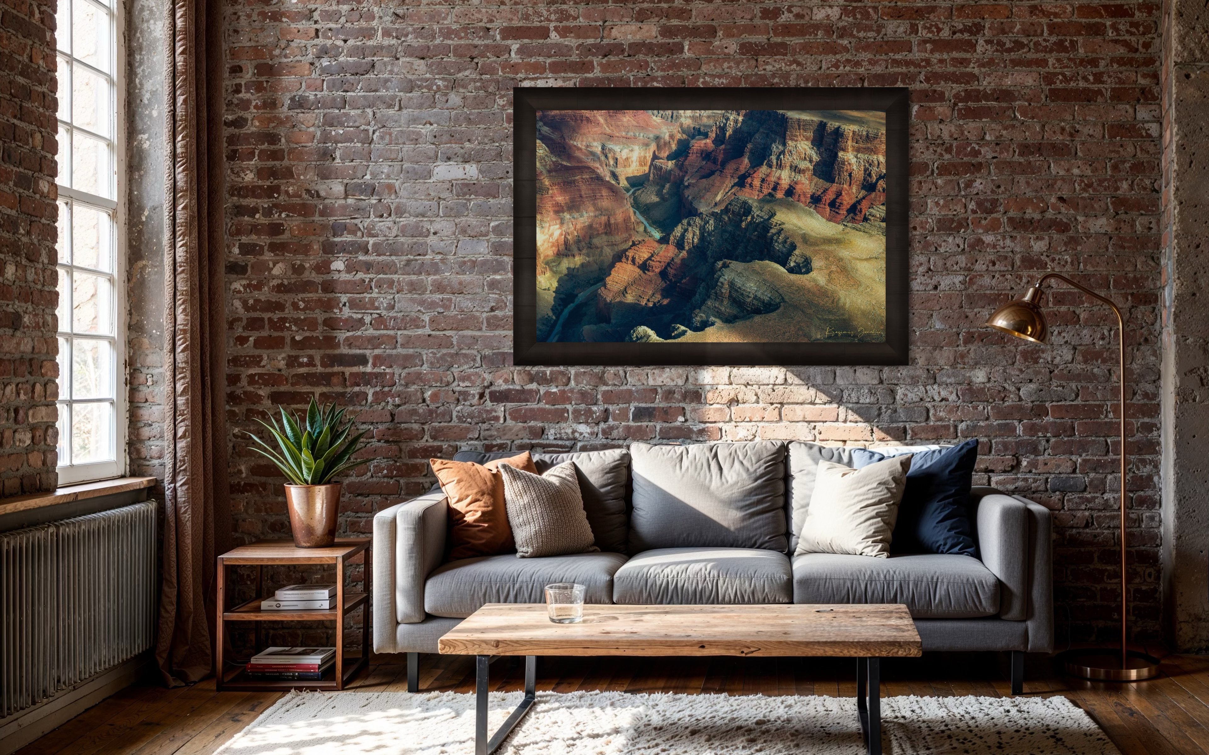 Canyon wall of Grand Canyon with layered reddish-brown strata illuminated by daylight under hazy conditions. #Finish_Roma Dark Ash Frame