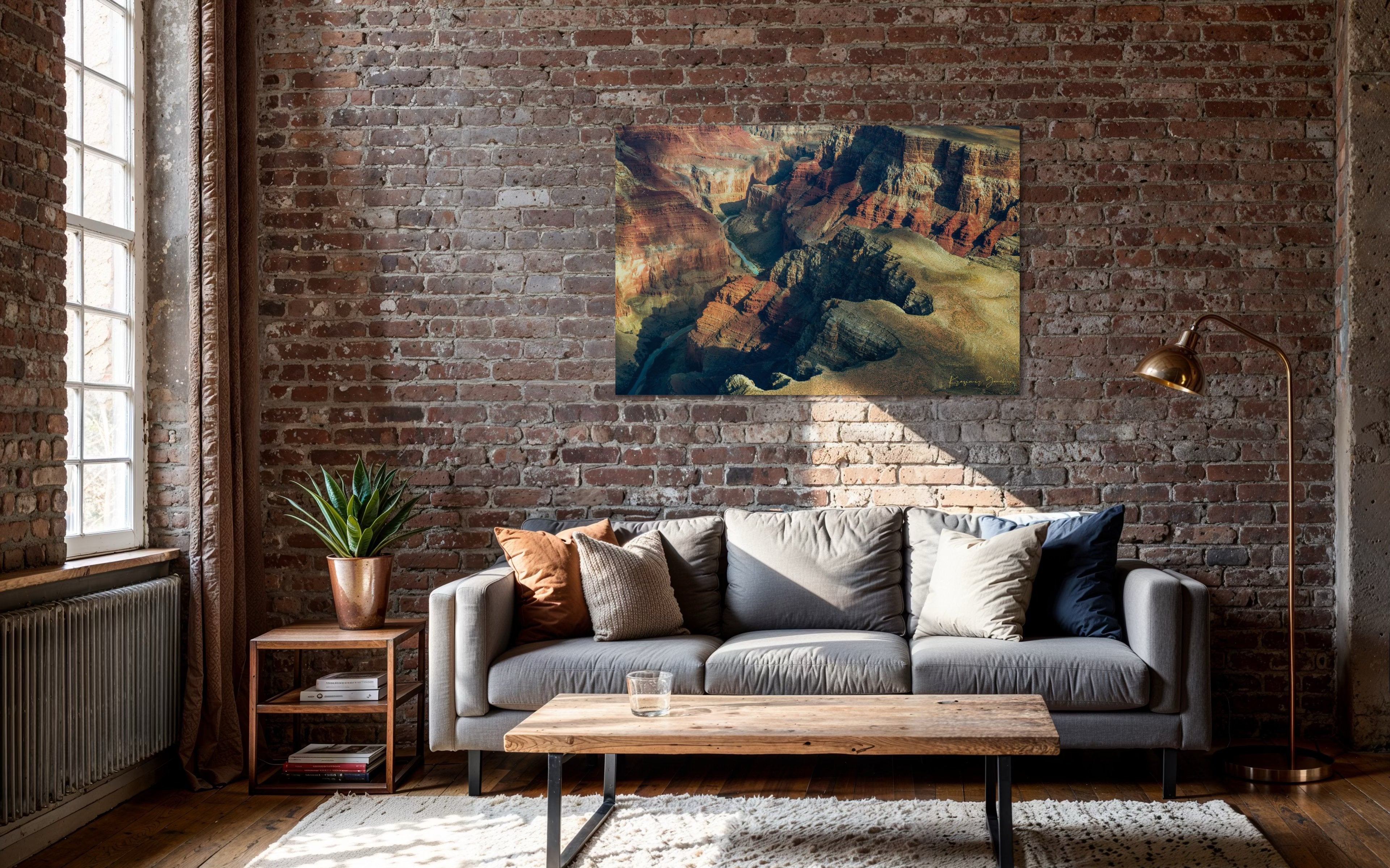 Canyon wall of Grand Canyon with layered reddish-brown strata illuminated by daylight under hazy conditions. #Finish_Acrylic Recess