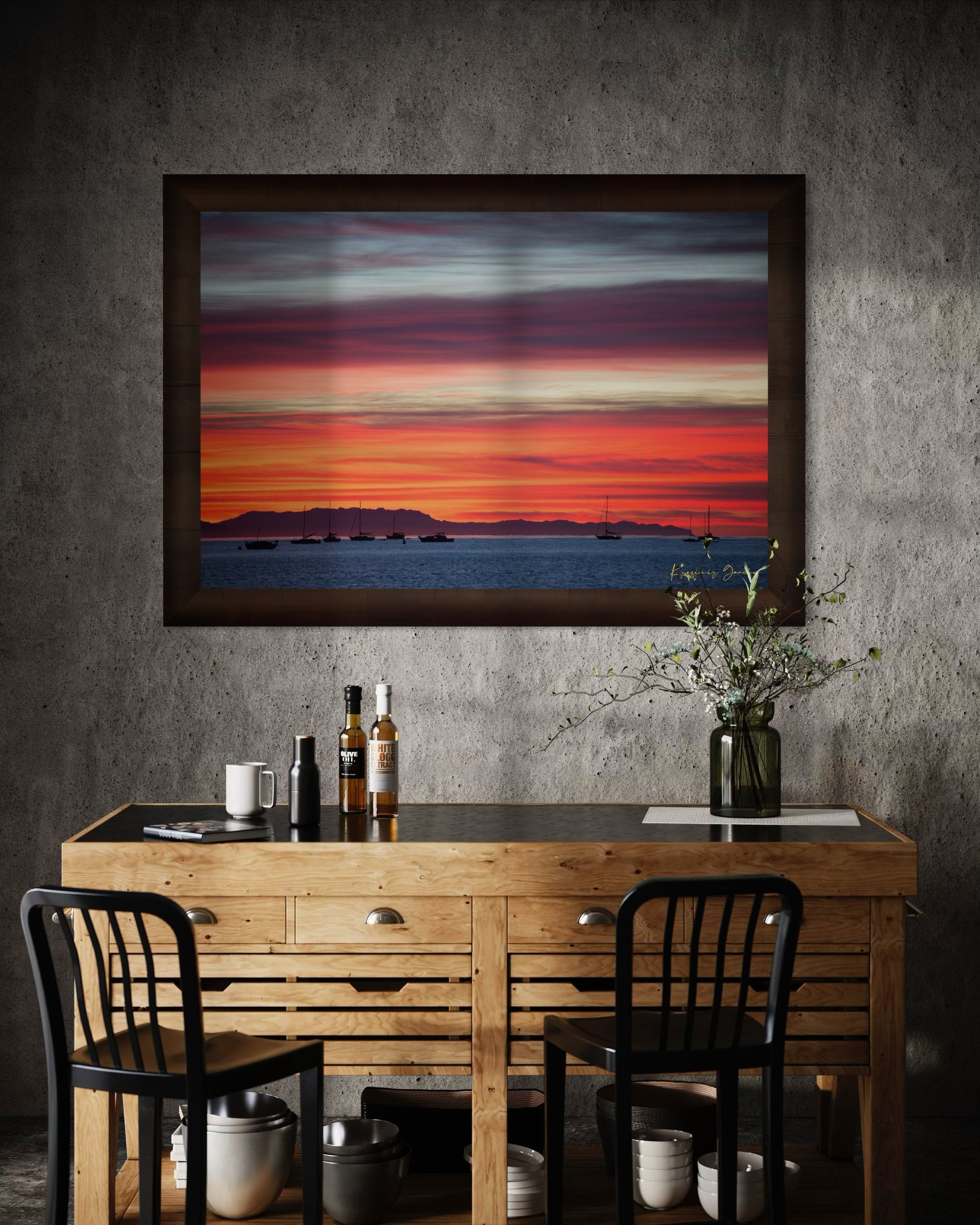 East Beach along the coastal landscape of Santa Barbara, California, during sunset with boats silhouetted on the horizon. #Finish_Roma Cigar Leaf Frame