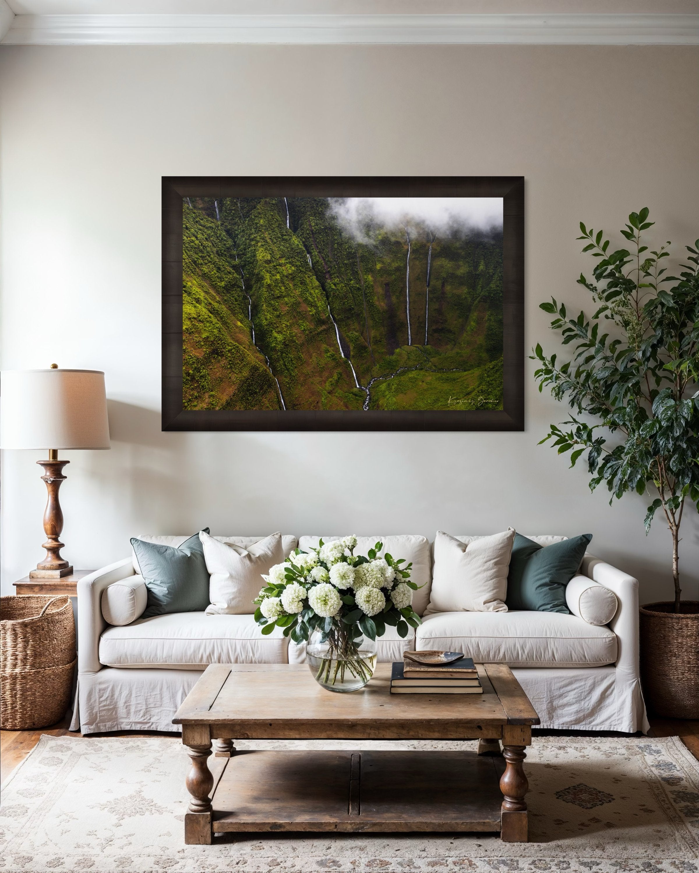 Waterfall cascading down a cliff in the Weeping Wall region, Kauai, under daytime light and cloud cover. #Finish_Roma Dark Ash Frame