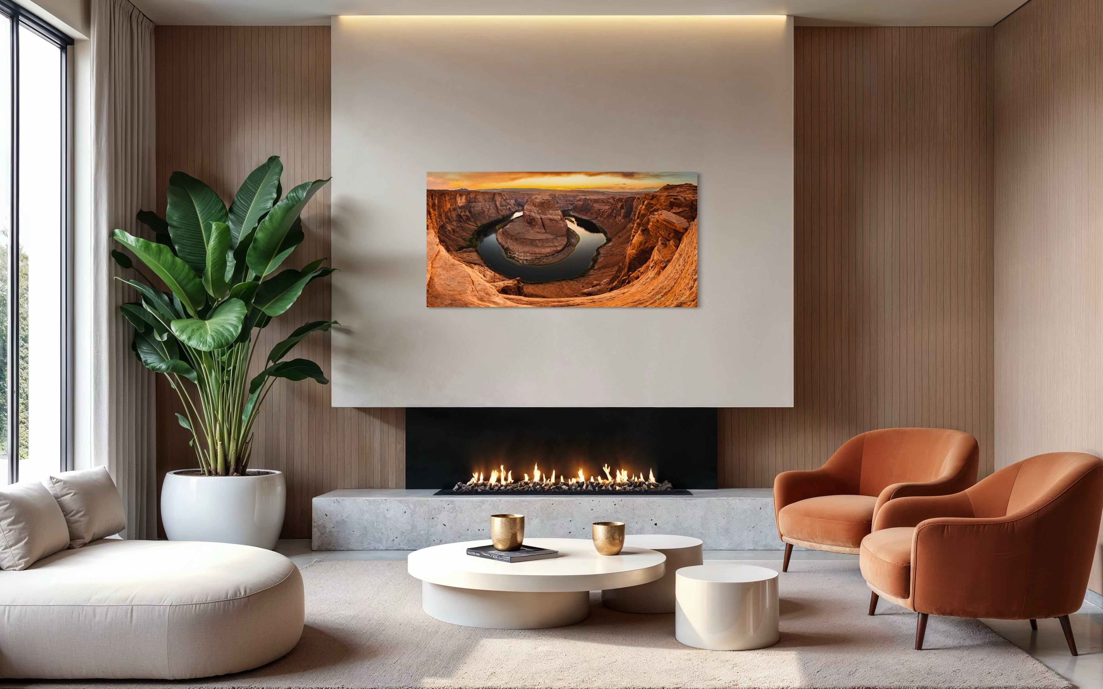 Panoramic view of Horseshoe Bend near Page with Colorado River flowing through a sandstone canyon during sunset. #Finish_Acrylic Recess