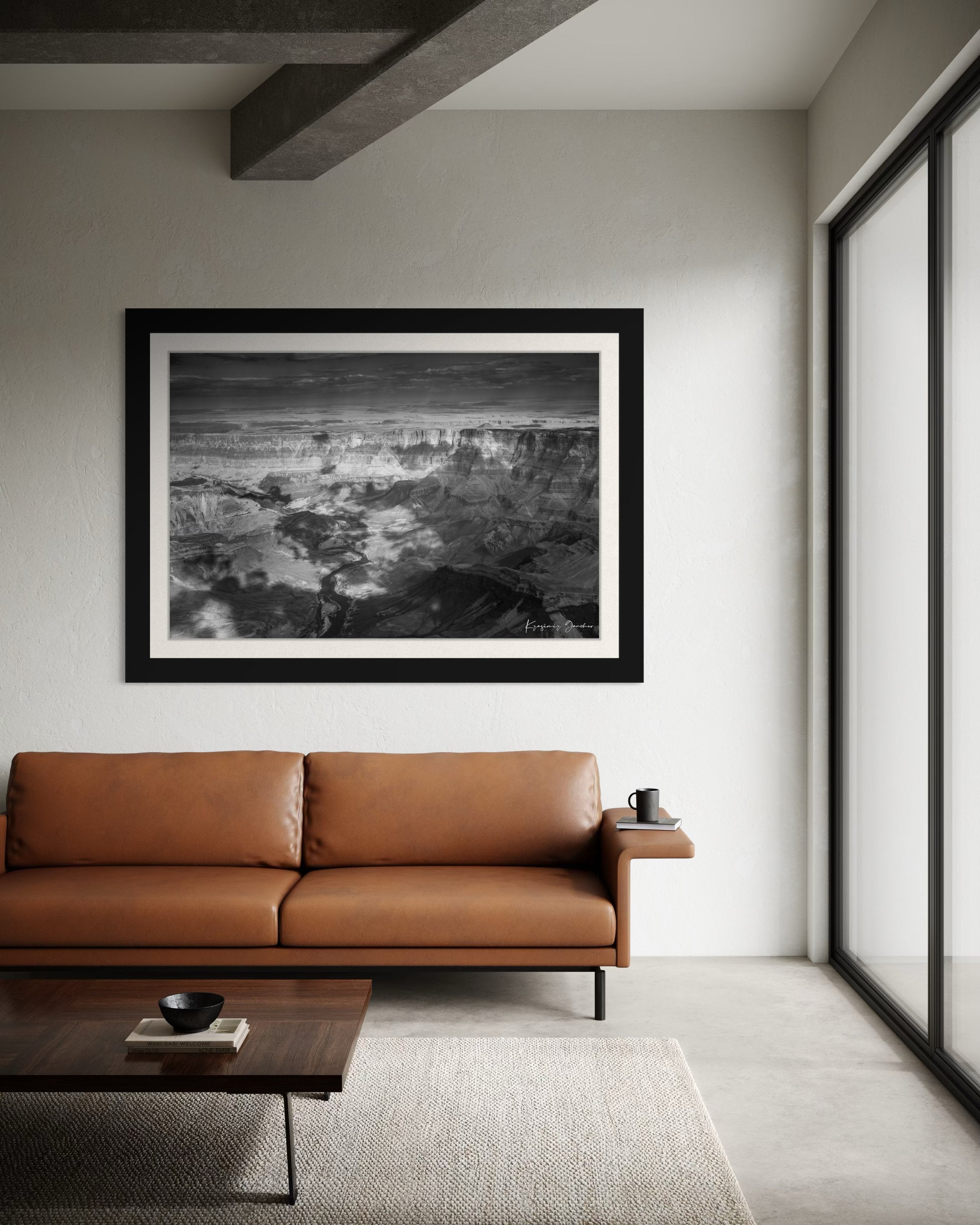 Grand Canyon National Park with Colorado River flowing through canyon and desert terrain under daylight conditions. #Finish_Roma Satin Black Frame & Bright Liner