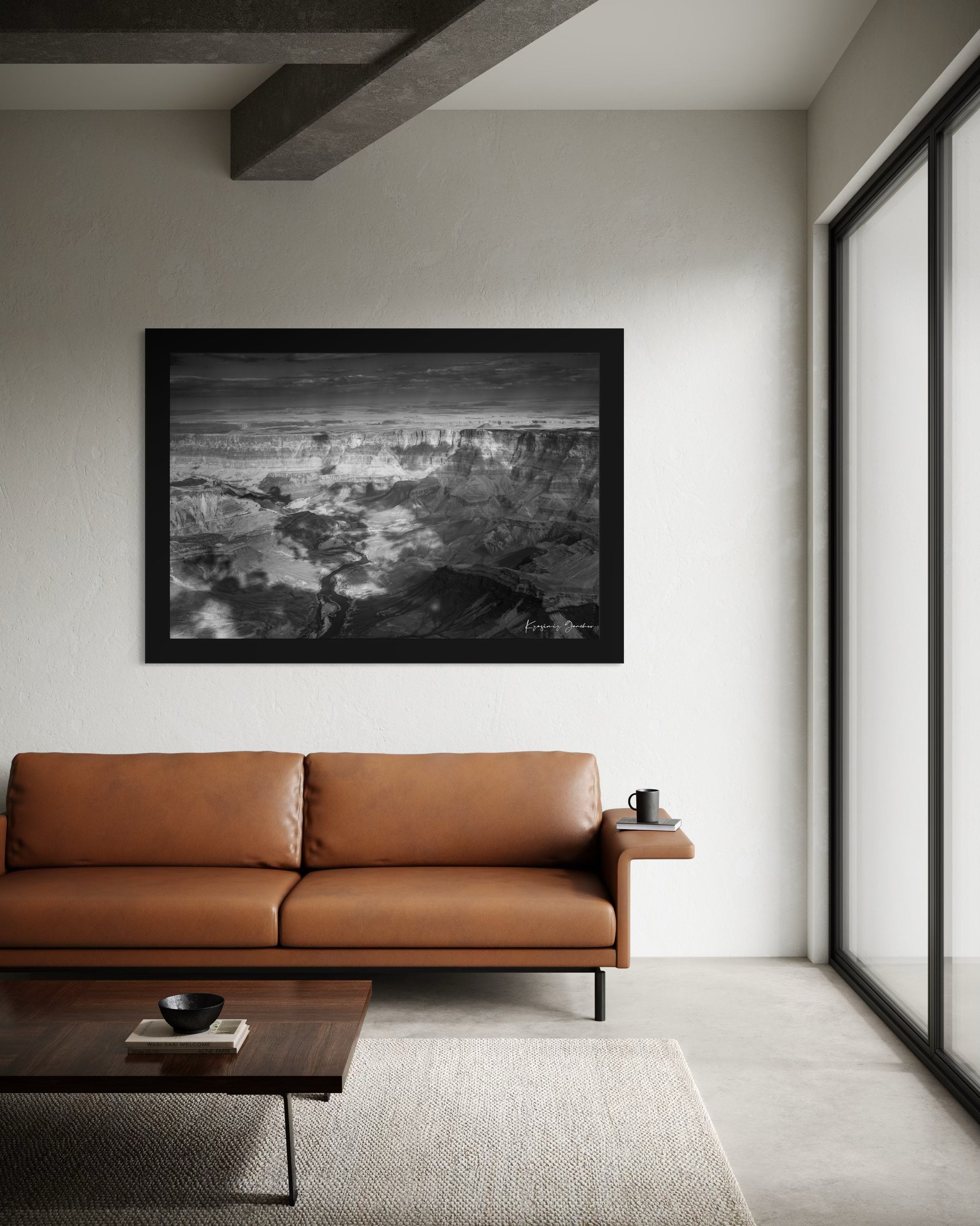Grand Canyon National Park with Colorado River flowing through canyon and desert terrain under daylight conditions. #Finish_Roma Satin Black Frame