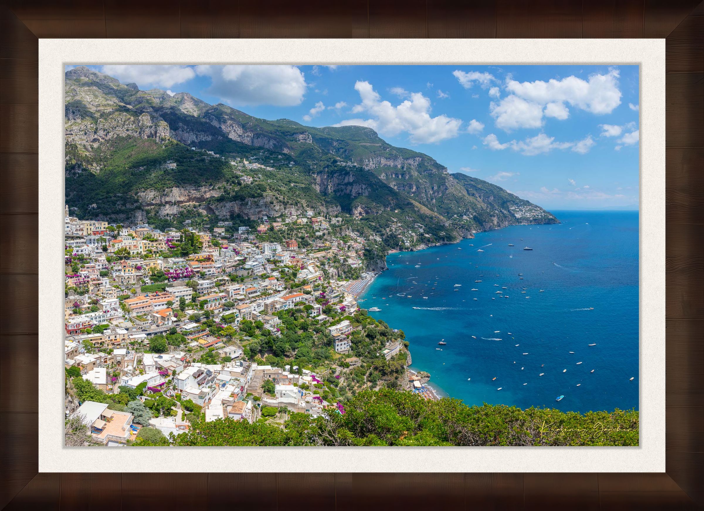 Coastal town of Portofino, Italy, overlooking the Mediterranean Sea with lush green mountains and clear blue sky. #Finish_Roma Cigar Leaf Frame & Bright Liner