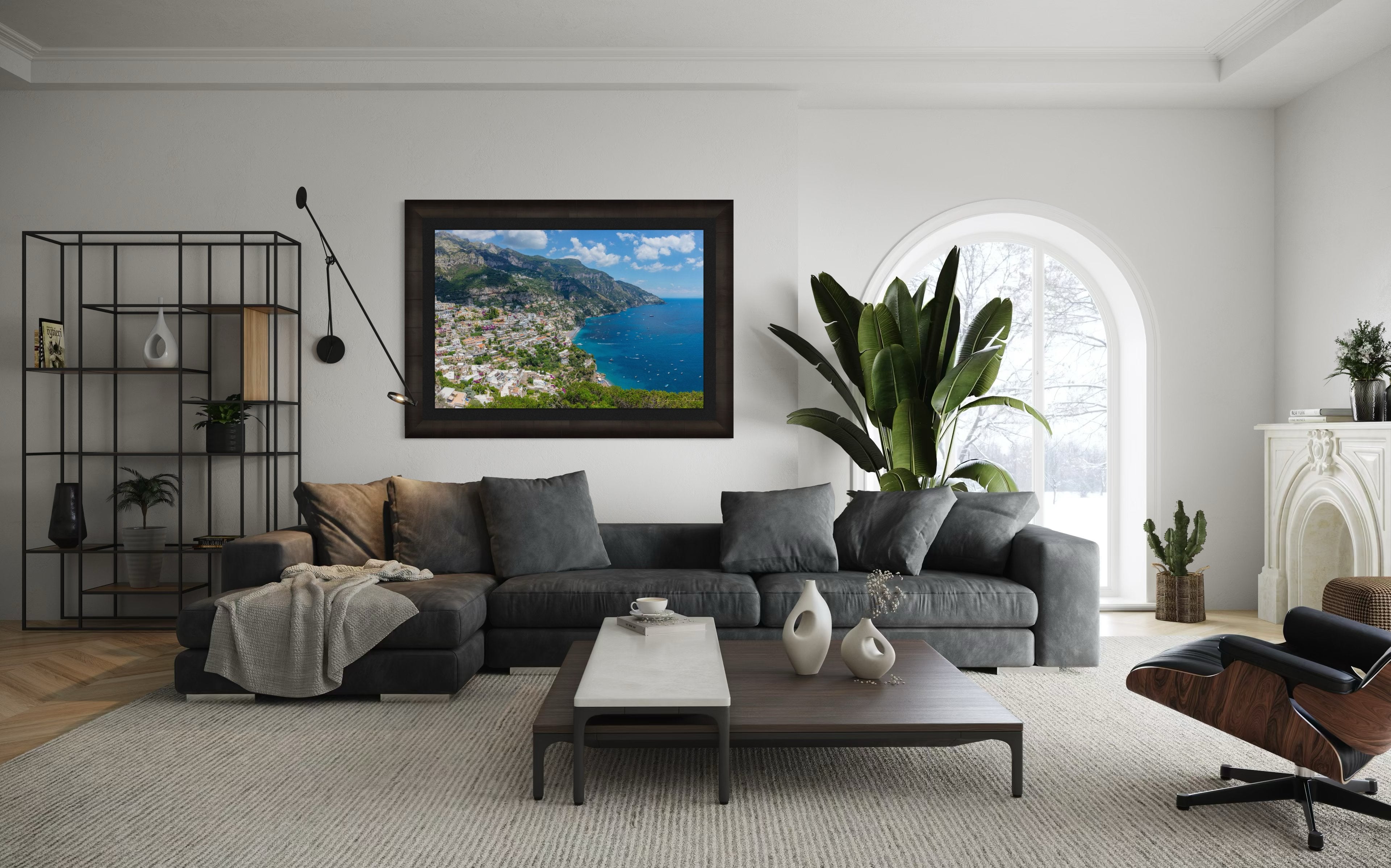 Coastal town of Portofino, Italy, overlooking the Mediterranean Sea with lush green mountains and clear blue sky. #Finish_Roma Dark Ash Frame & Dark Liner