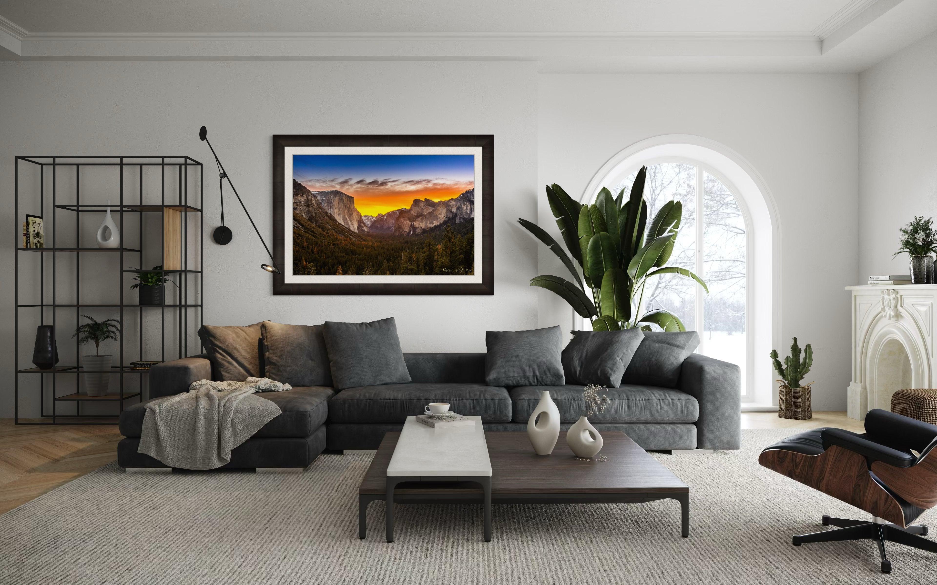 El Capitan rising above Yosemite Valley at sunrise, sunlit peaks framed by layered clouds. #Finish_Roma Dark Ash Frame & Bright Liner