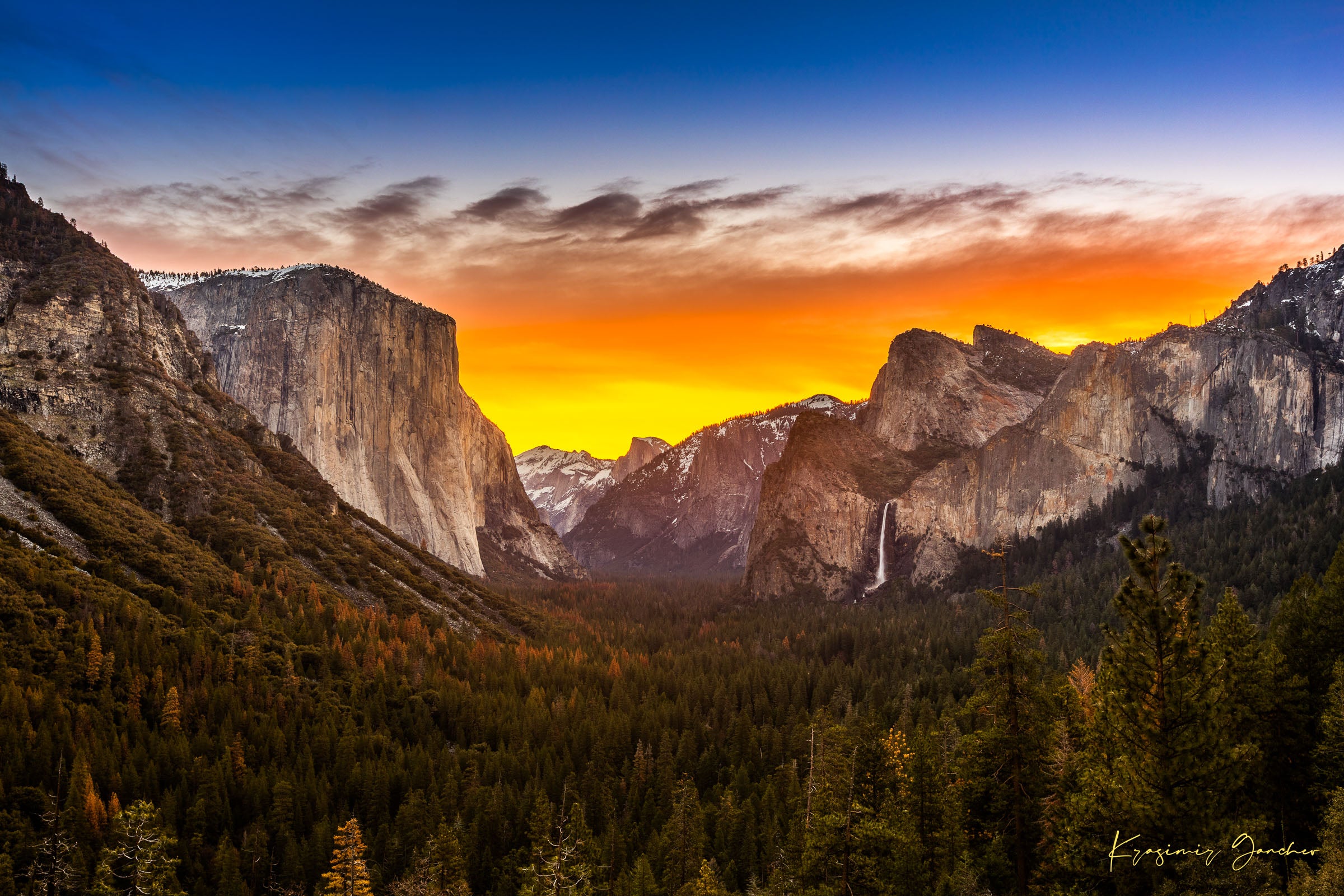 El Capitan rising above Yosemite Valley at sunrise, sunlit peaks framed by layered clouds. #Finish_Acrylic Recess