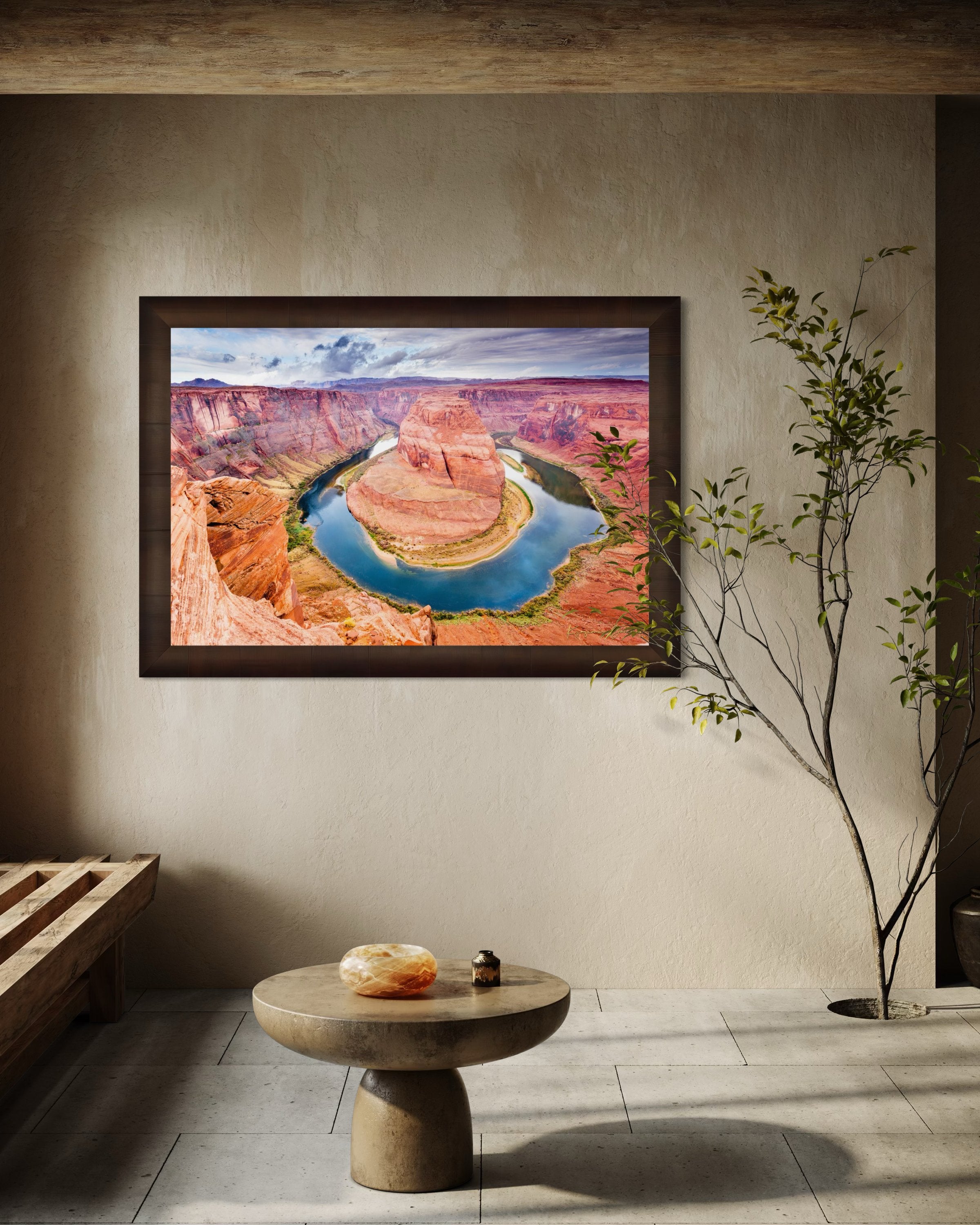 Colorado River curves through Horseshoe Bend at dawn. Water reflects sunlight and surrounding red rock cliffs under cloudy skies. #Finish_Roma Cigar Leaf Frame