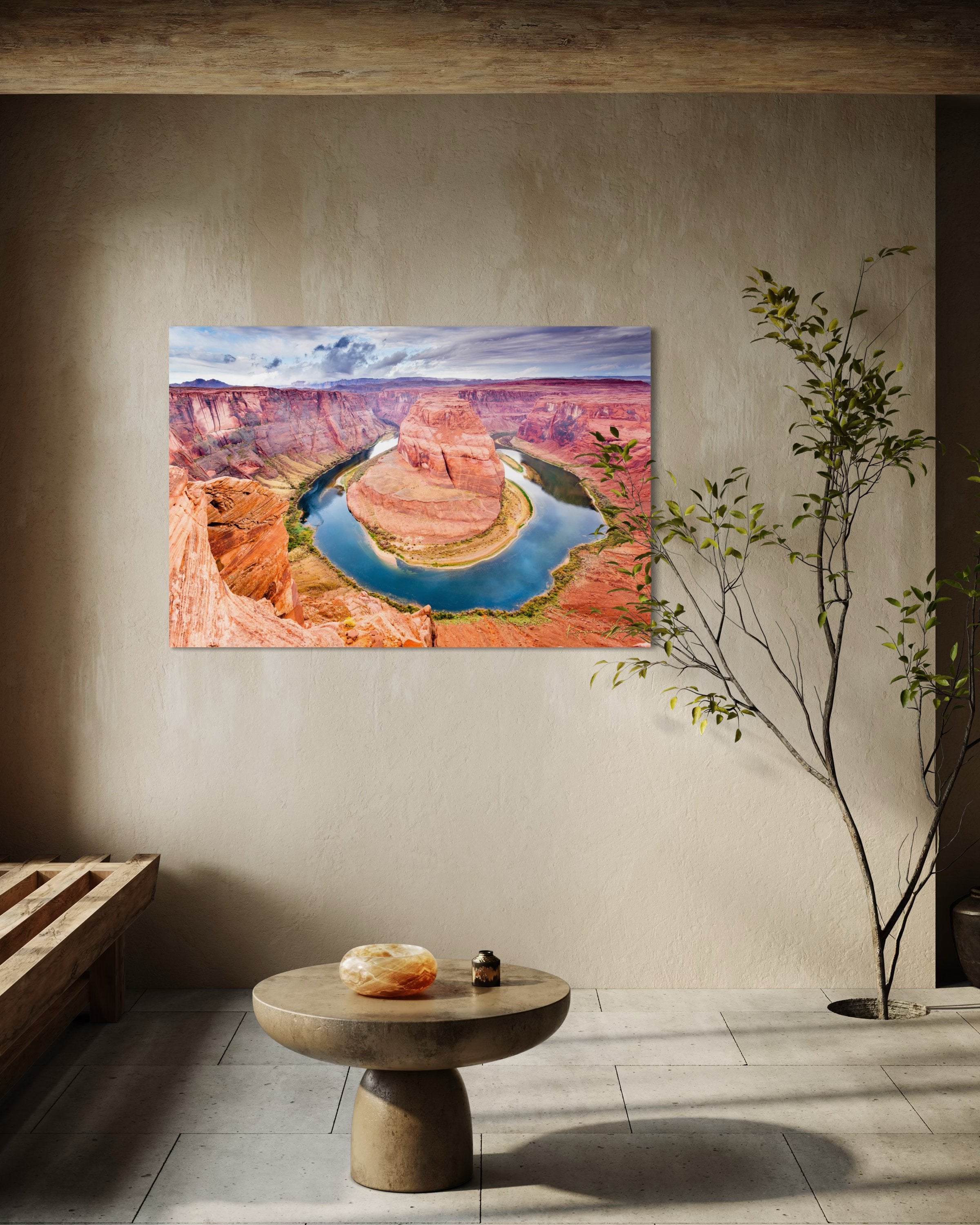 Colorado River curves through Horseshoe Bend at dawn. Water reflects sunlight and surrounding red rock cliffs under cloudy skies. #Finish_Acrylic Recess