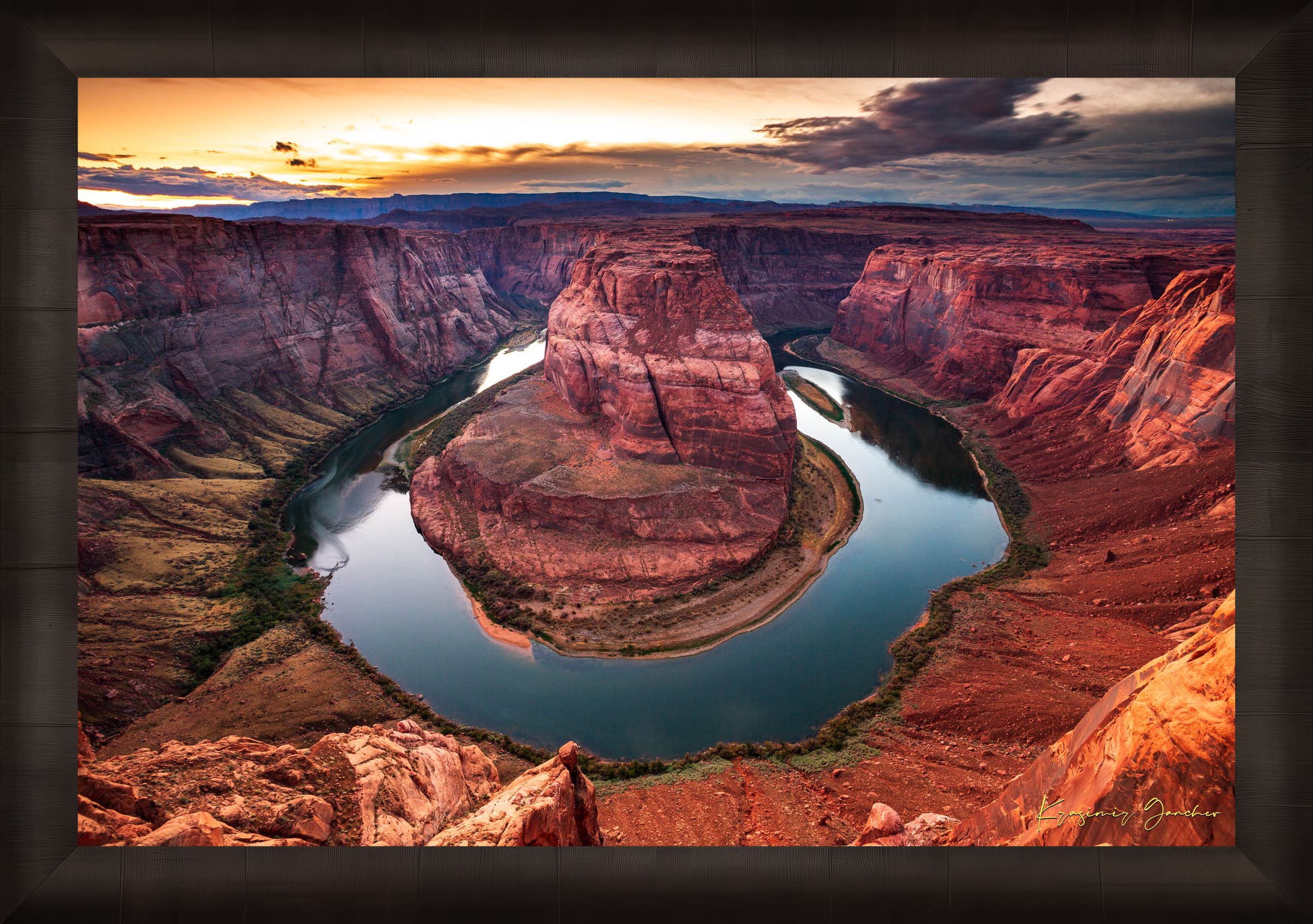 Sunset at Horseshoe Bend. Colorful skies reflect off the still surface of the Colorado River beneath stormy clouds. #Finish_Roma Dark Ash Frame