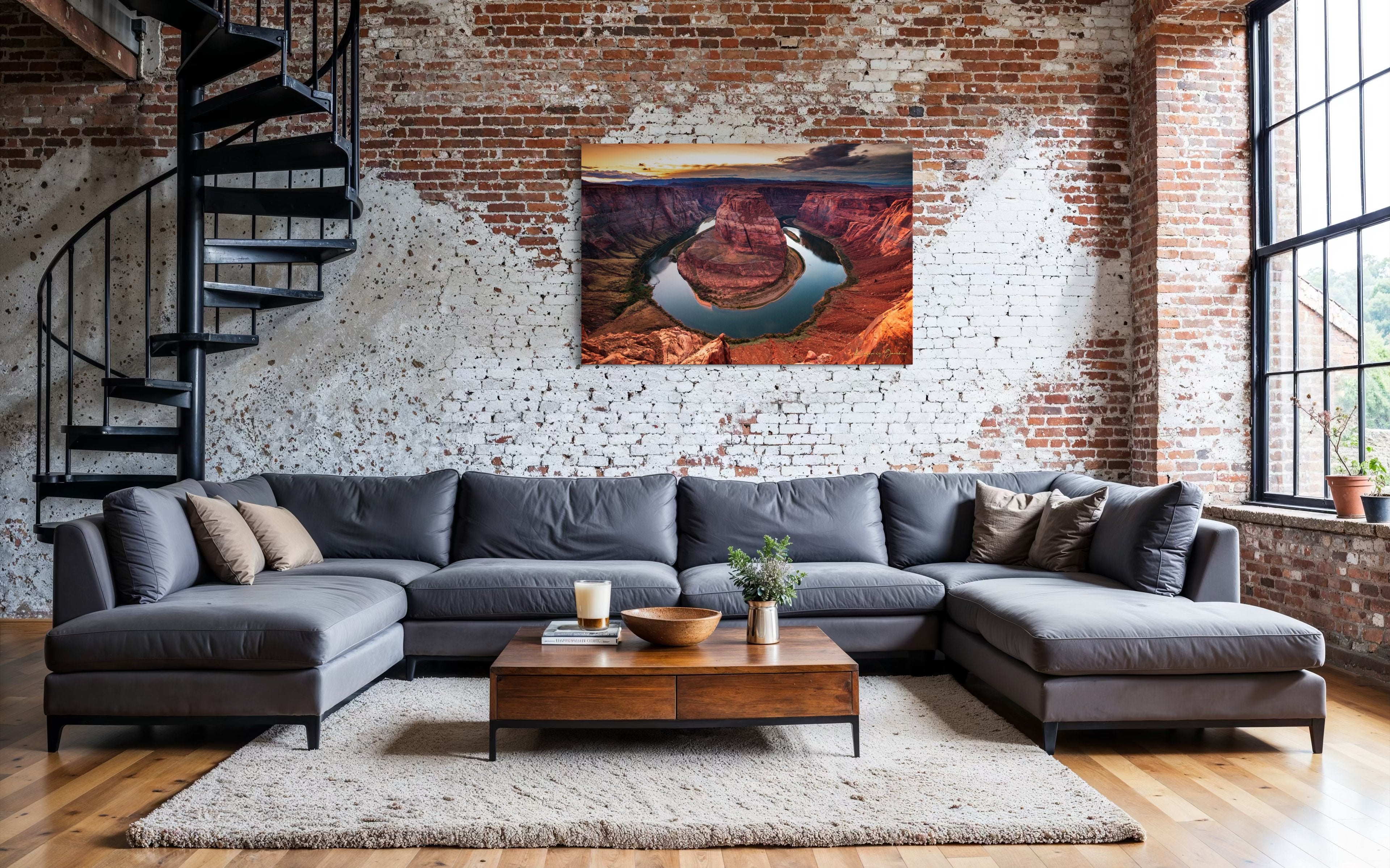 Sunset at Horseshoe Bend. Colorful skies reflect off the still surface of the Colorado River beneath stormy clouds. #Finish_Acrylic Recess