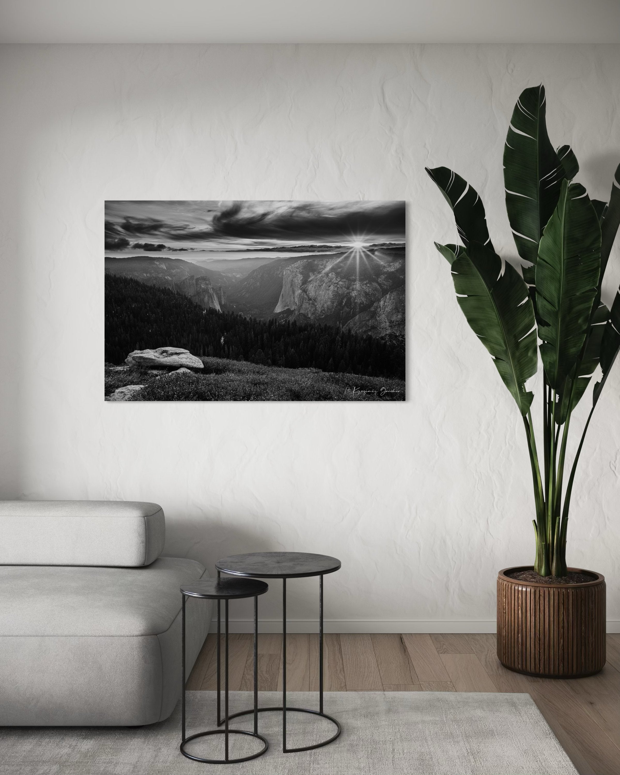 El Capitan at sunset, radiant starburst above horizon casting long shadows on valley terrain. #Finish_Acrylic Recess