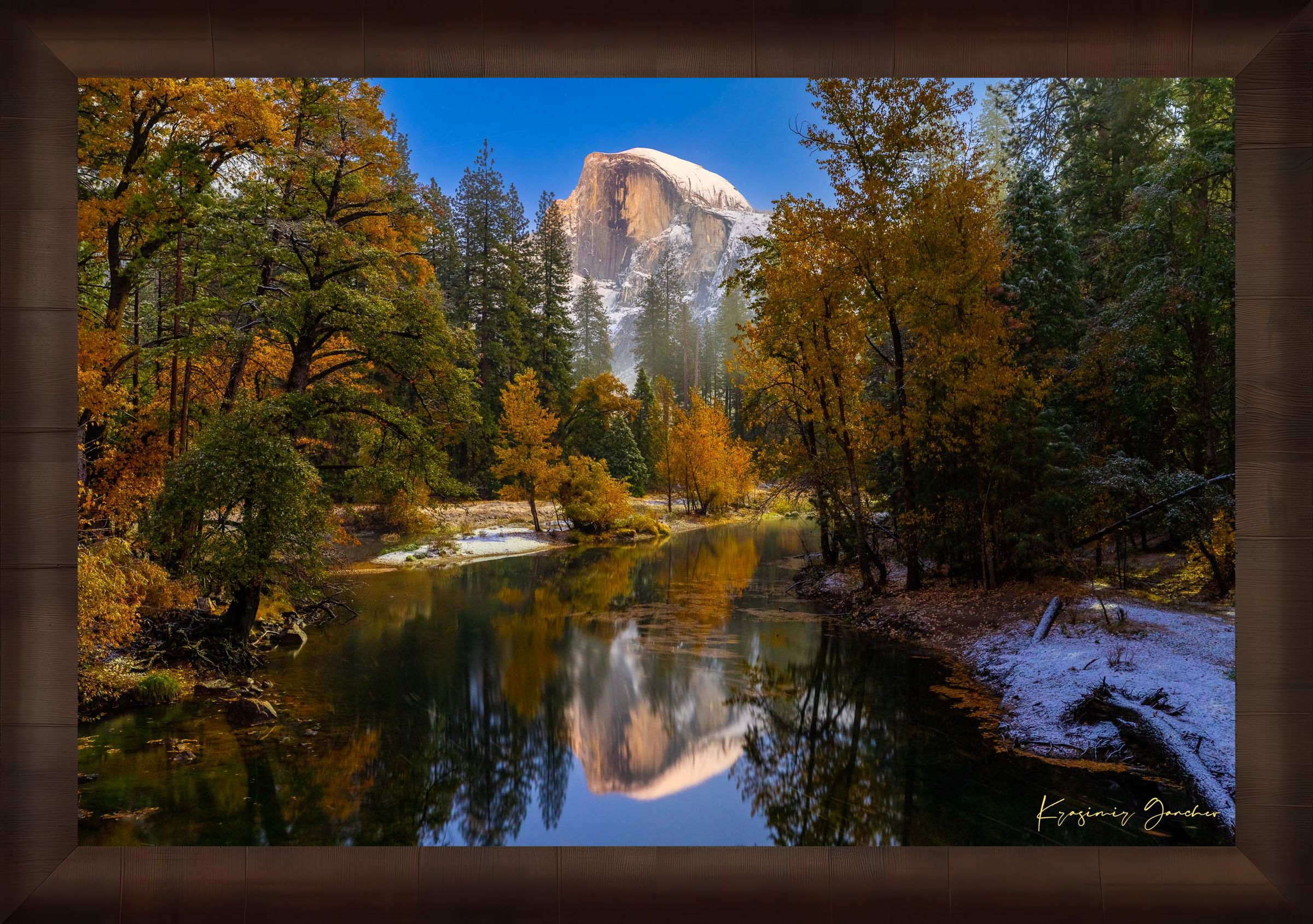 Half Dome monolith and valley at starlit night in Yosemite National Park, reflecting in a flowing river with clouds. #Finish_Roma Cigar Leaf Frame