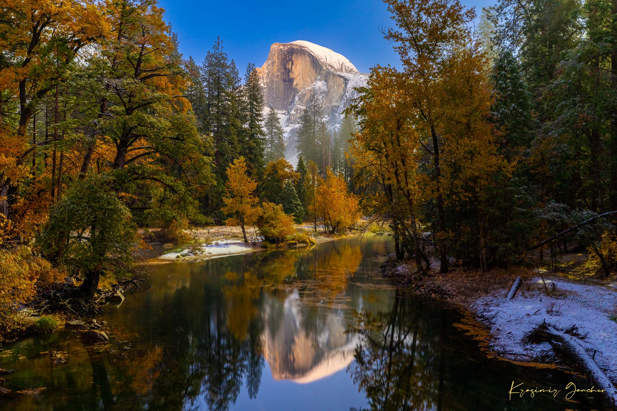Half Dome monolith and valley at starlit night in Yosemite National Park, reflecting in a flowing river with clouds. #Finish_Acrylic Recess