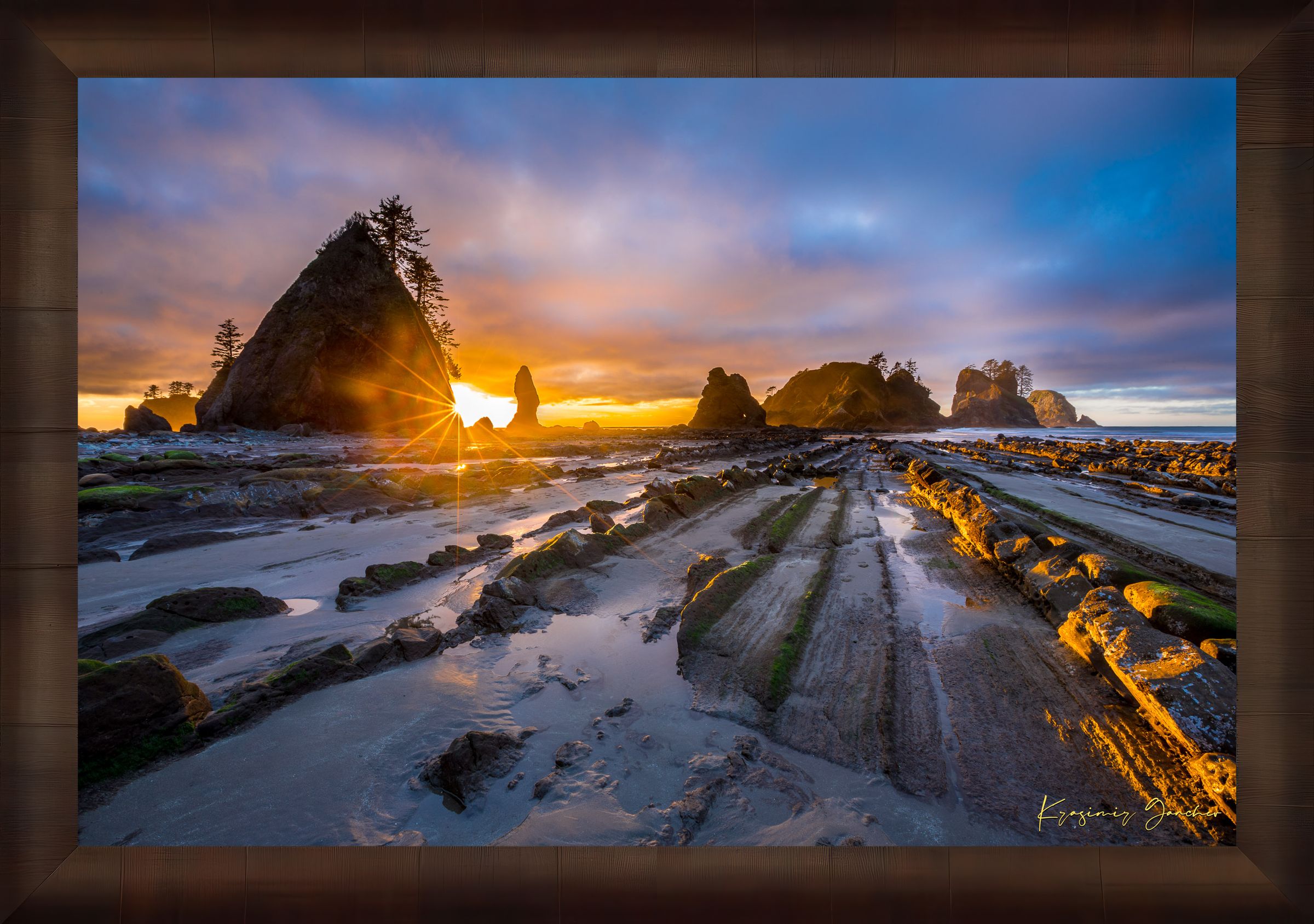 Golden sunset over ocean waves at Shi Shi Beach; silhouetted sea stacks stand against cloudy skies. #Finish_Roma Cigar Leaf Frame