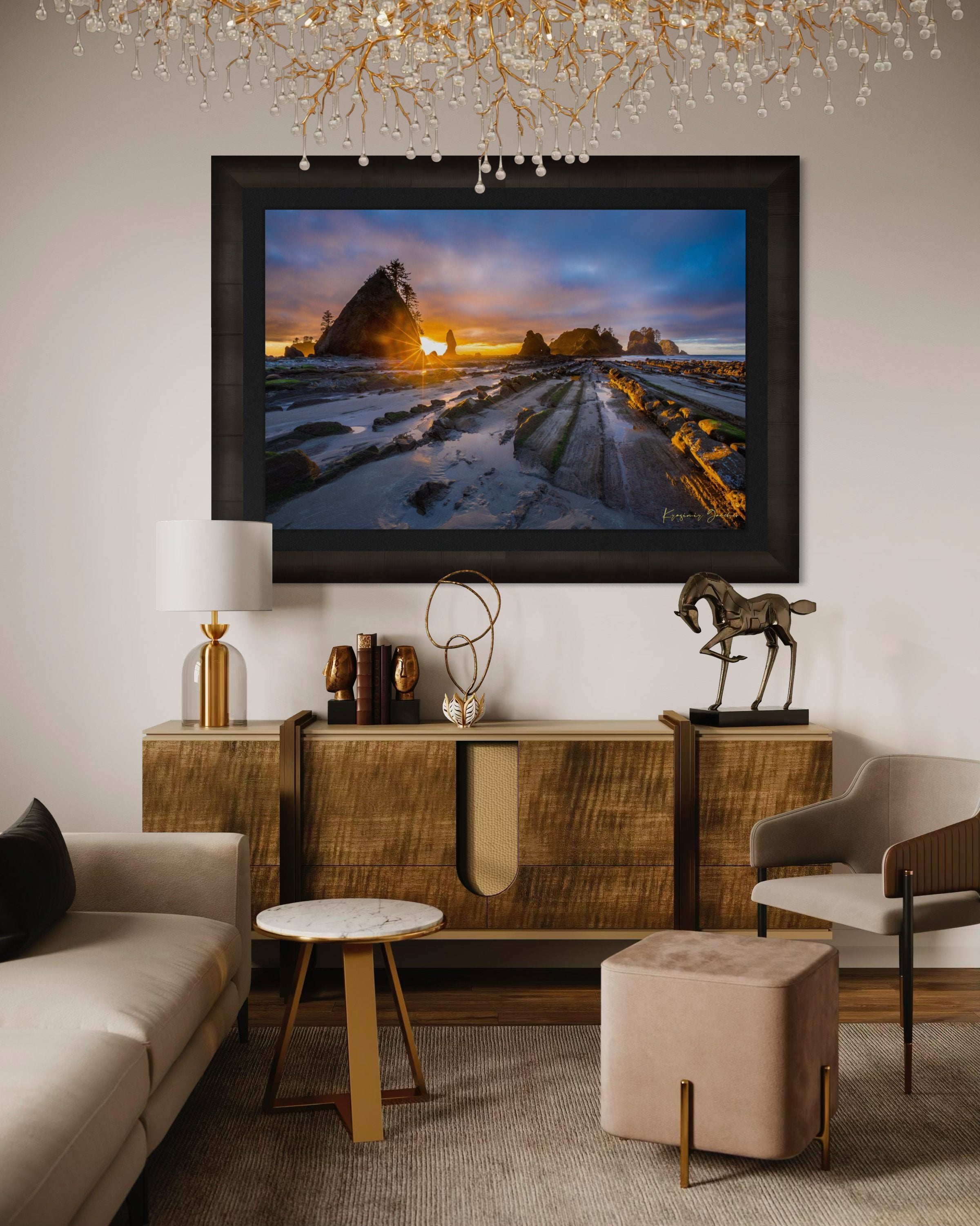 Golden sunset over ocean waves at Shi Shi Beach; silhouetted sea stacks stand against cloudy skies. #Finish_Roma Dark Ash Frame & Dark Liner