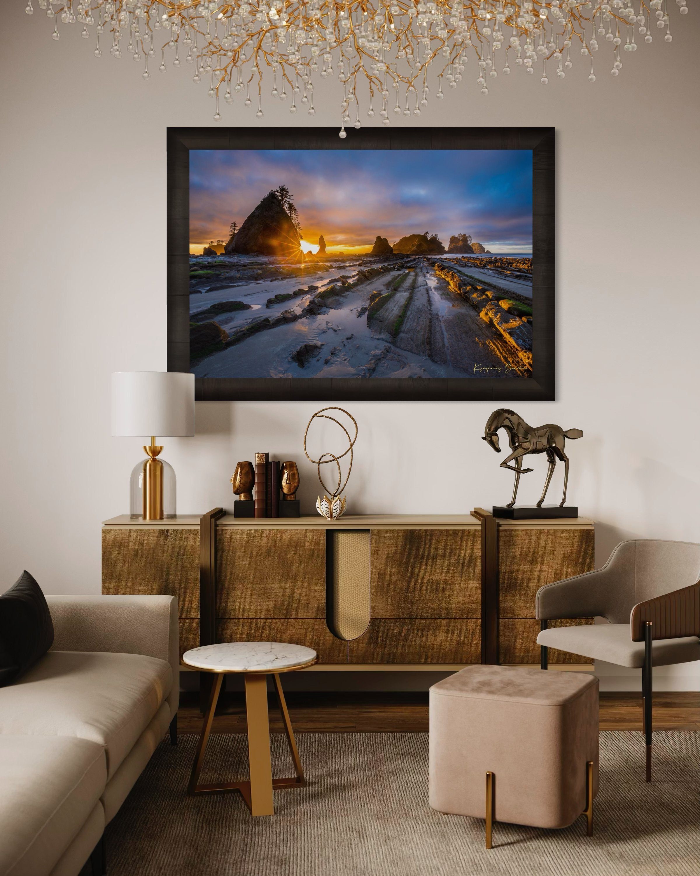 Golden sunset over ocean waves at Shi Shi Beach; silhouetted sea stacks stand against cloudy skies. #Finish_Roma Dark Ash Frame