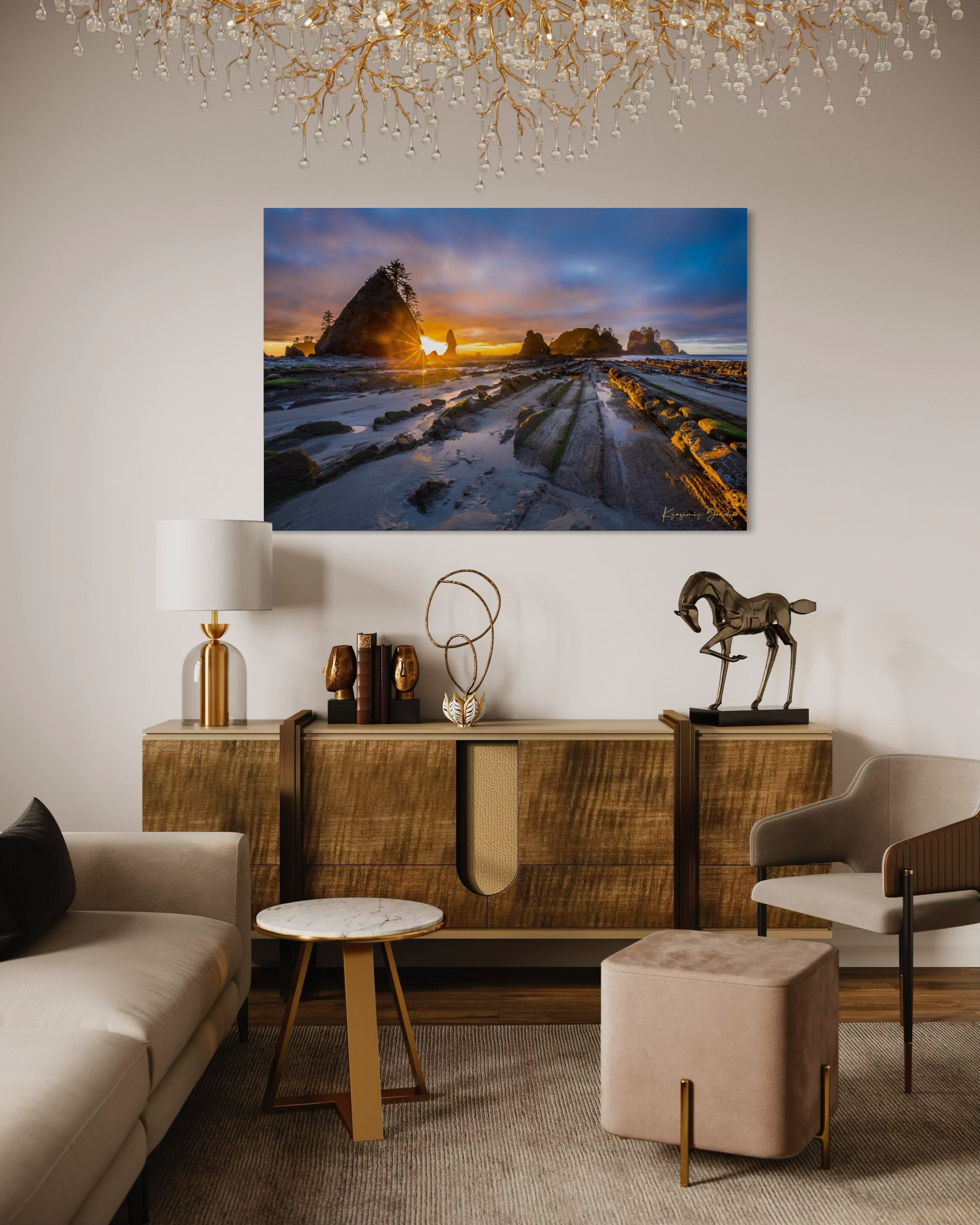 Golden sunset over ocean waves at Shi Shi Beach; silhouetted sea stacks stand against cloudy skies. #Finish_Acrylic Recess