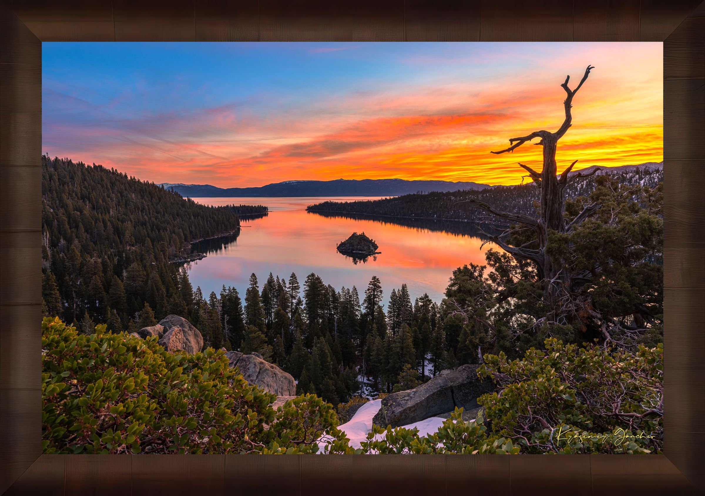 Sunrise over Emerald Bay, Lake Tahoe, illuminating Fannette Island and reflecting light across calm lake waters. #Finish_Roma Cigar Leaf Frame