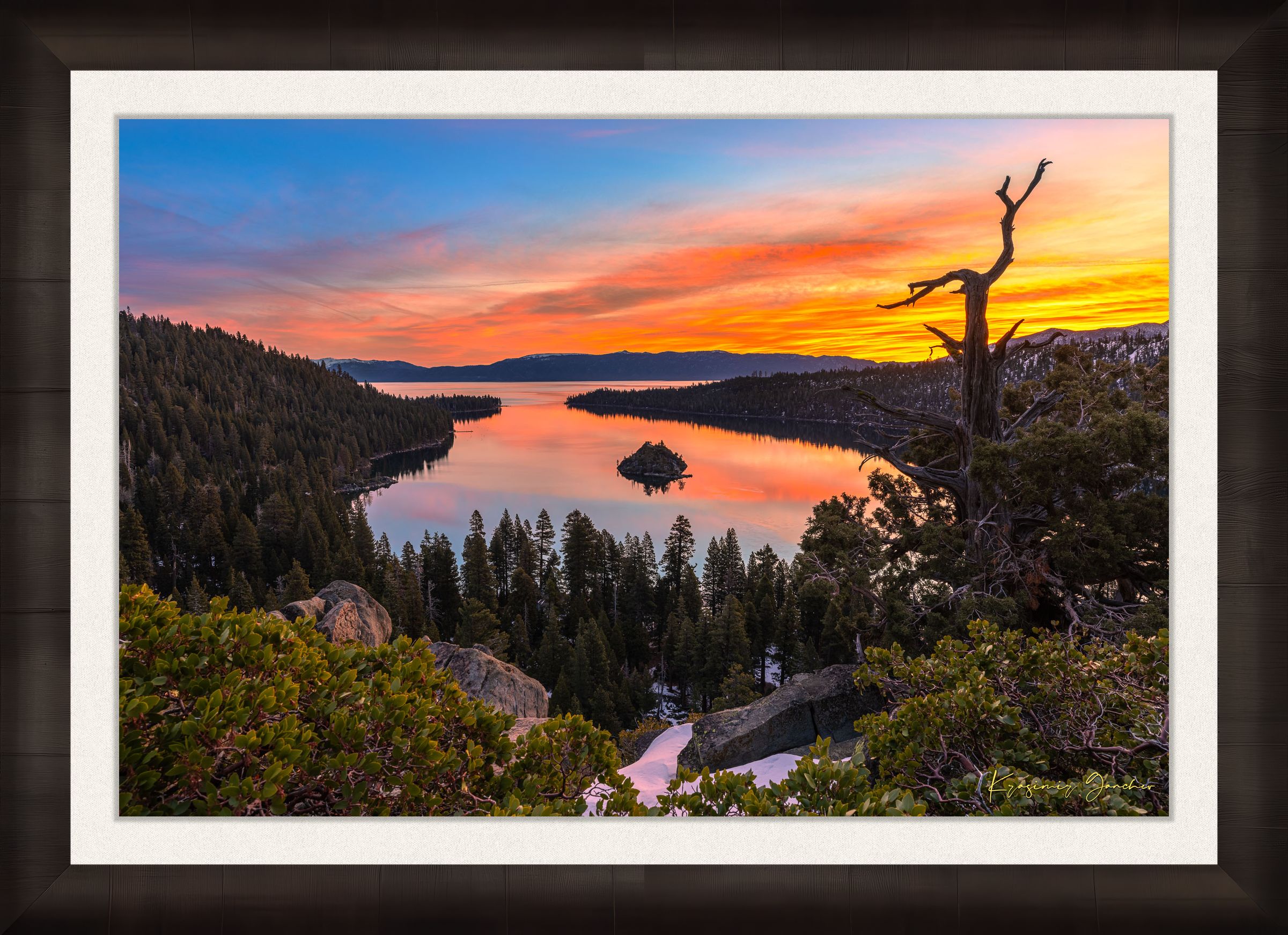 Sunrise over Emerald Bay, Lake Tahoe, illuminating Fannette Island and reflecting light across calm lake waters. #Finish_Roma Dark Ash Frame & Bright Liner