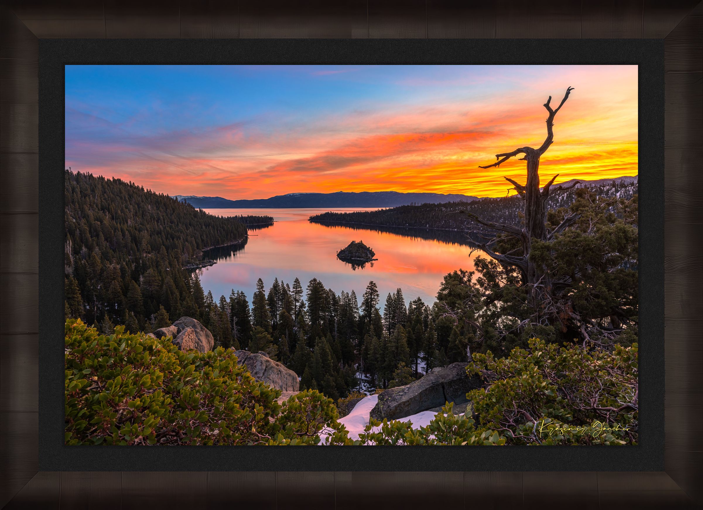 Sunrise over Emerald Bay, Lake Tahoe, illuminating Fannette Island and reflecting light across calm lake waters. #Finish_Roma Dark Ash Frame & Dark Liner
