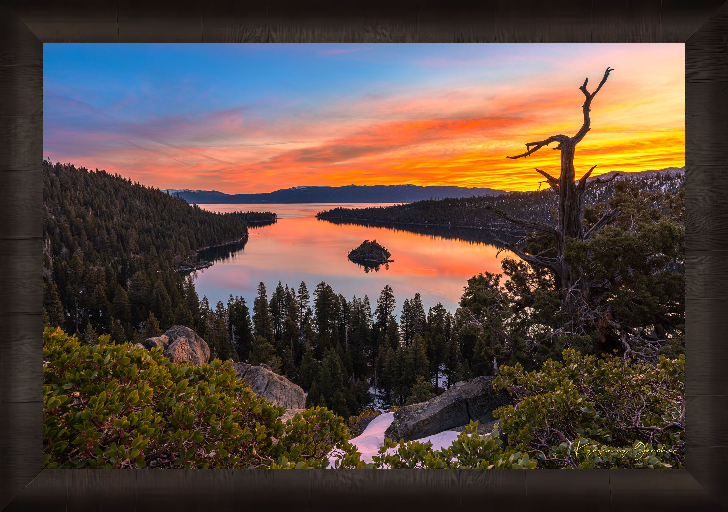 Sunrise over Emerald Bay, Lake Tahoe, illuminating Fannette Island and reflecting light across calm lake waters. #Finish_Roma Dark Ash Frame