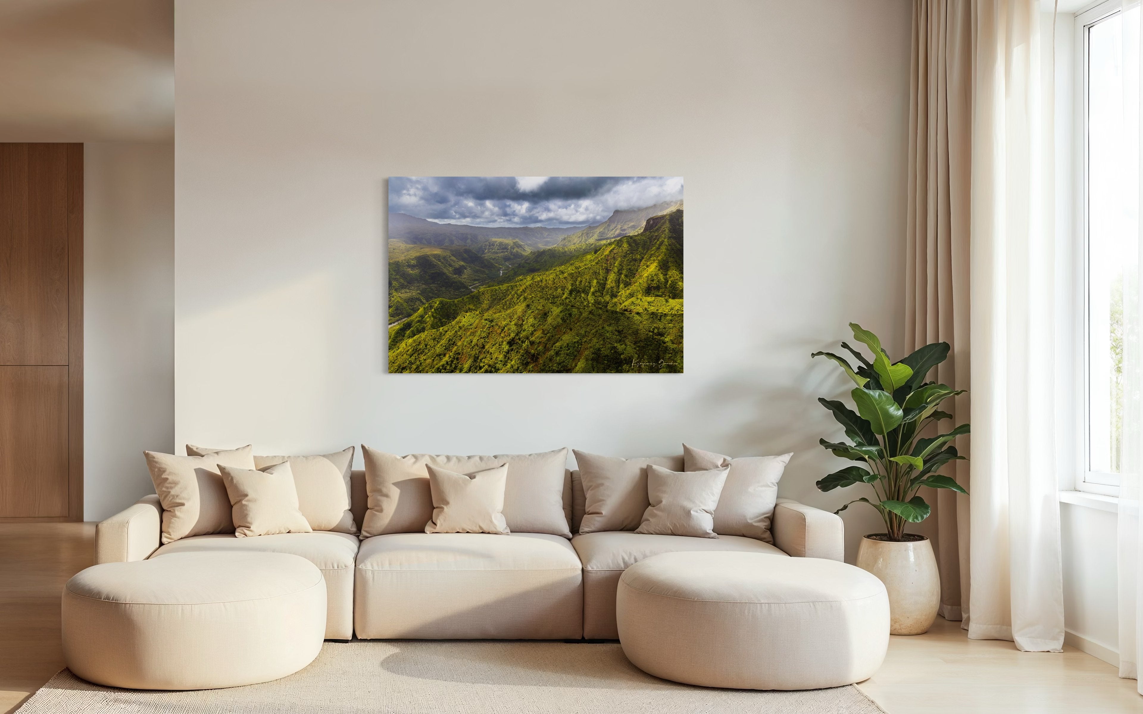 Expansive aerial view of a mountainous valley in Kauai illuminated by daylight, covered in low-lying cloud. #Finish_Acrylic Recess