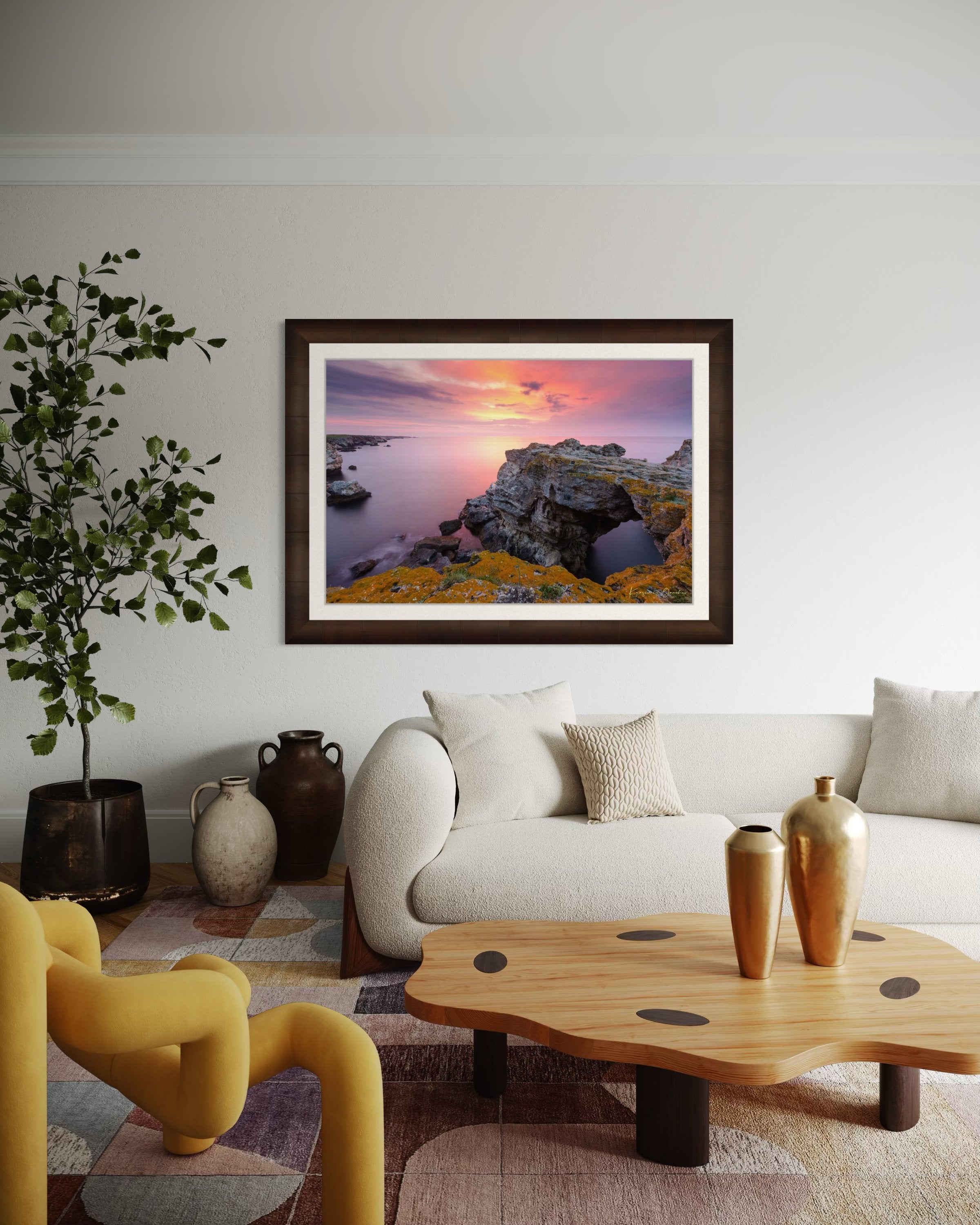 The natural arch formation of the Tyulenovo Arch at dawn in Tyulenovo, Bulgaria, lit by sunrise and surrounded by vegetation. #Finish_Roma Cigar Leaf Frame & Bright Liner