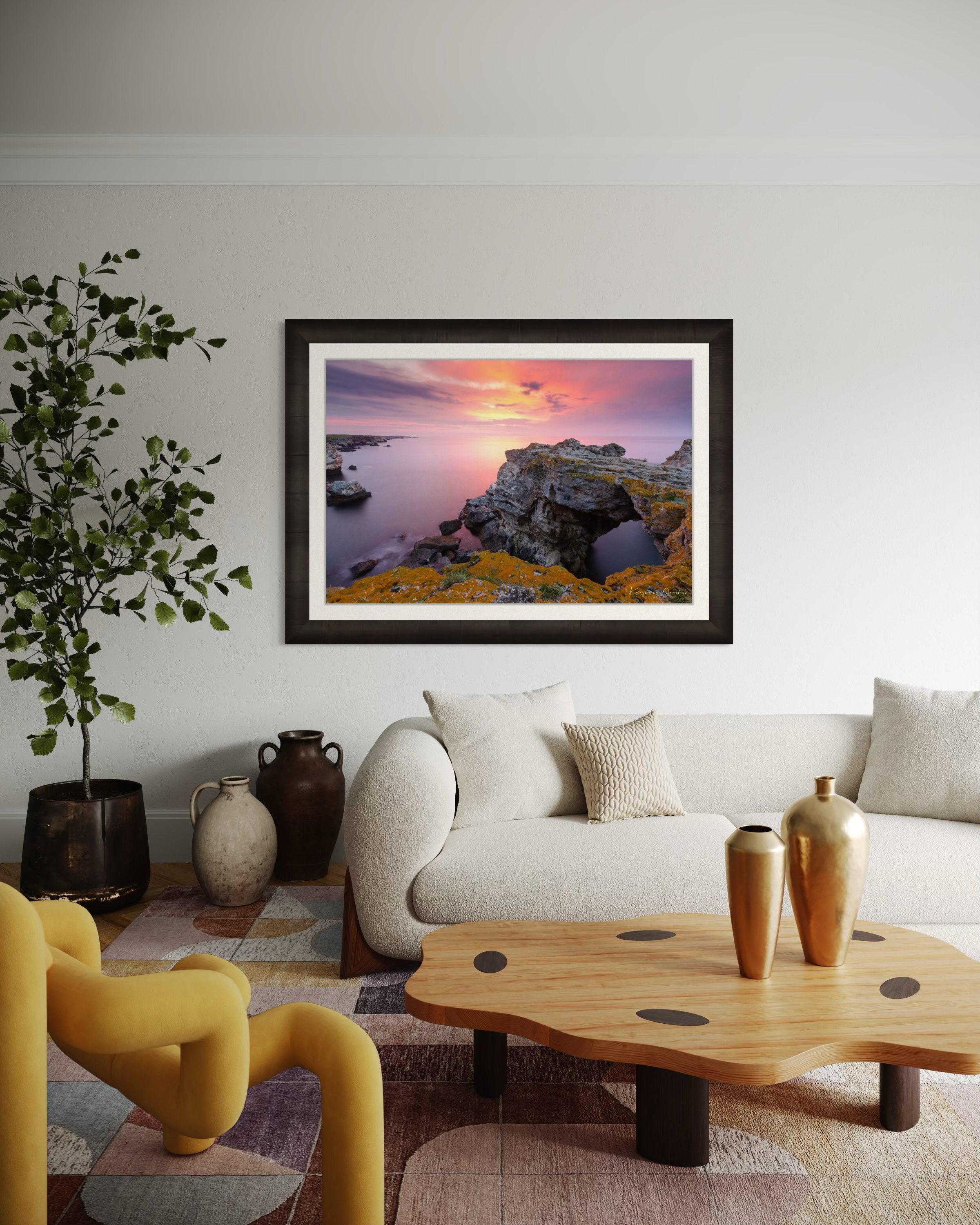 The natural arch formation of the Tyulenovo Arch at dawn in Tyulenovo, Bulgaria, lit by sunrise and surrounded by vegetation. #Finish_Roma Dark Ash Frame & Bright Liner