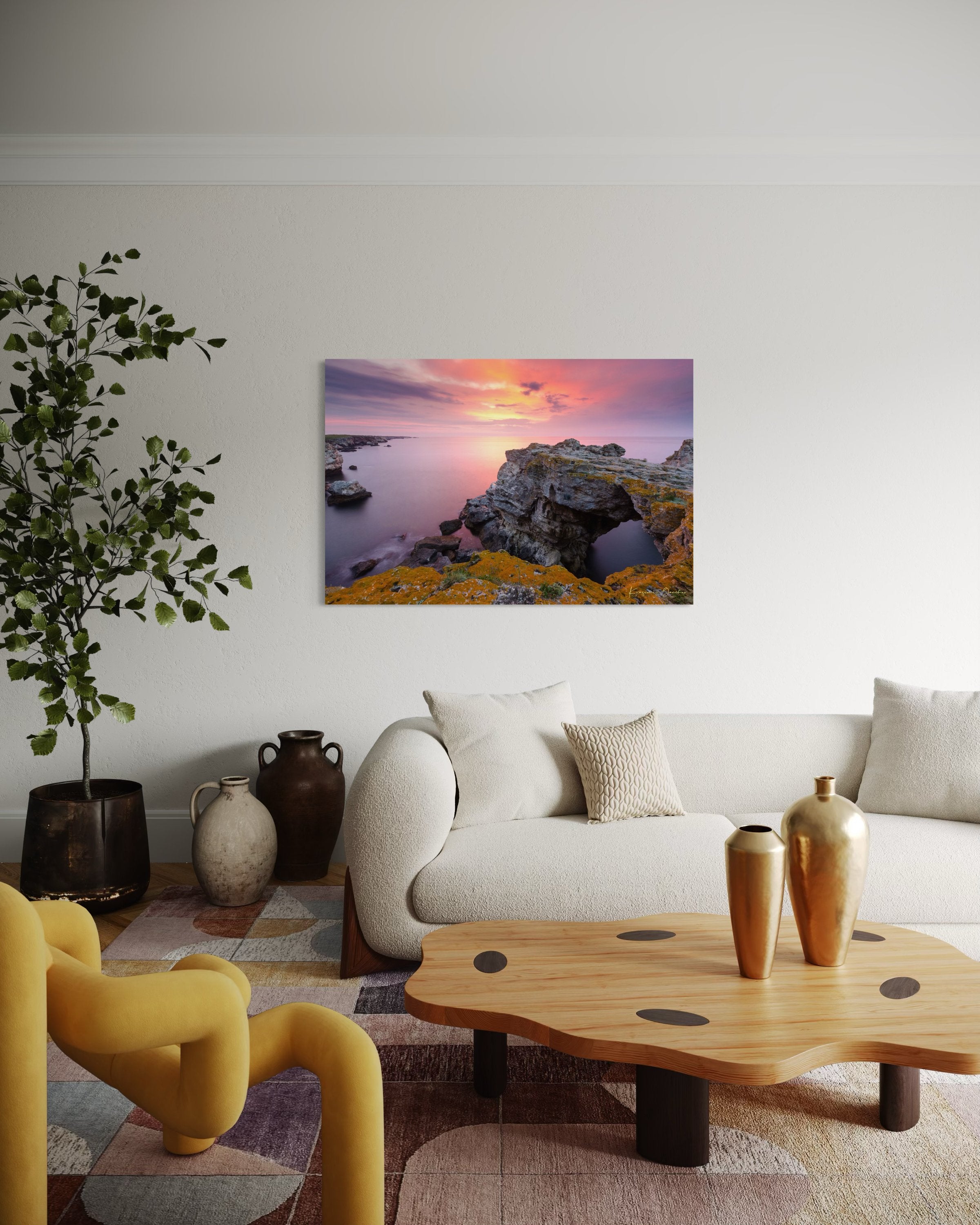 The natural arch formation of the Tyulenovo Arch at dawn in Tyulenovo, Bulgaria, lit by sunrise and surrounded by vegetation. #Finish_Acrylic Recess