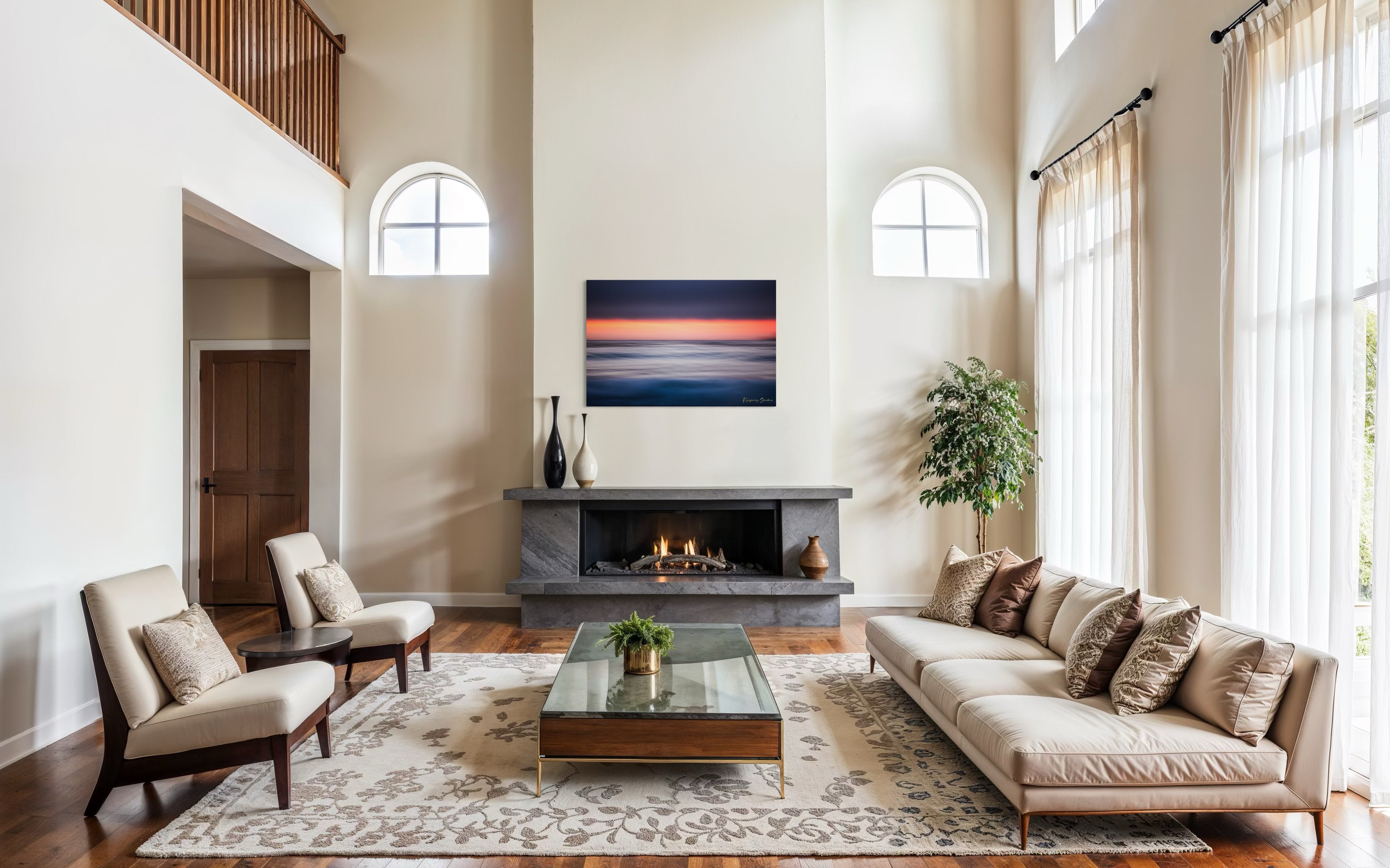 Sunset at Carmel Beach. Ocean horizon blends soft colors of dusk under cloudy skies with gentle wave blur. #Finish_Acrylic Recess