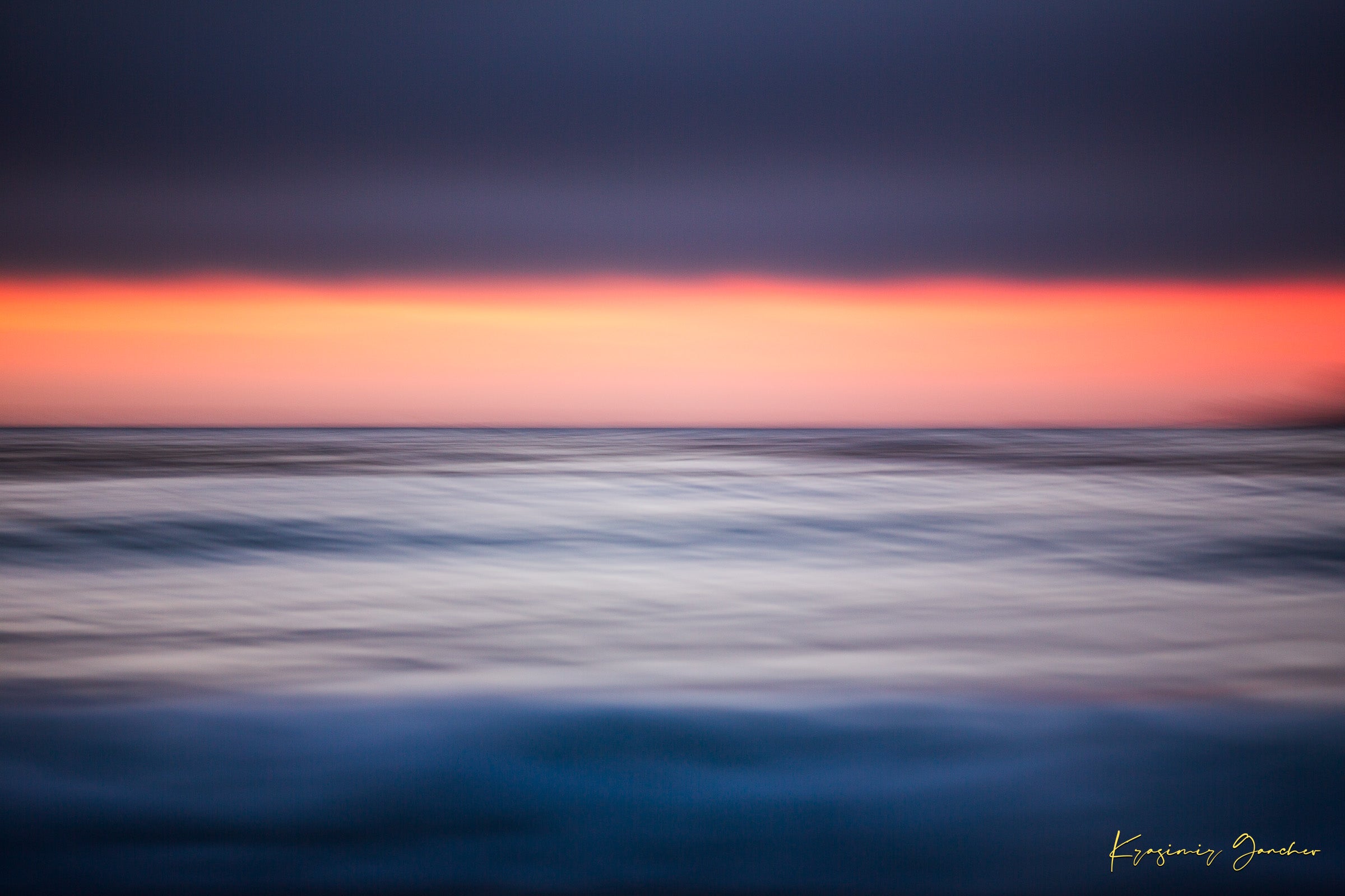 Sunset at Carmel Beach. Ocean horizon blends soft colors of dusk under cloudy skies with gentle wave blur. #Finish_Acrylic Recess