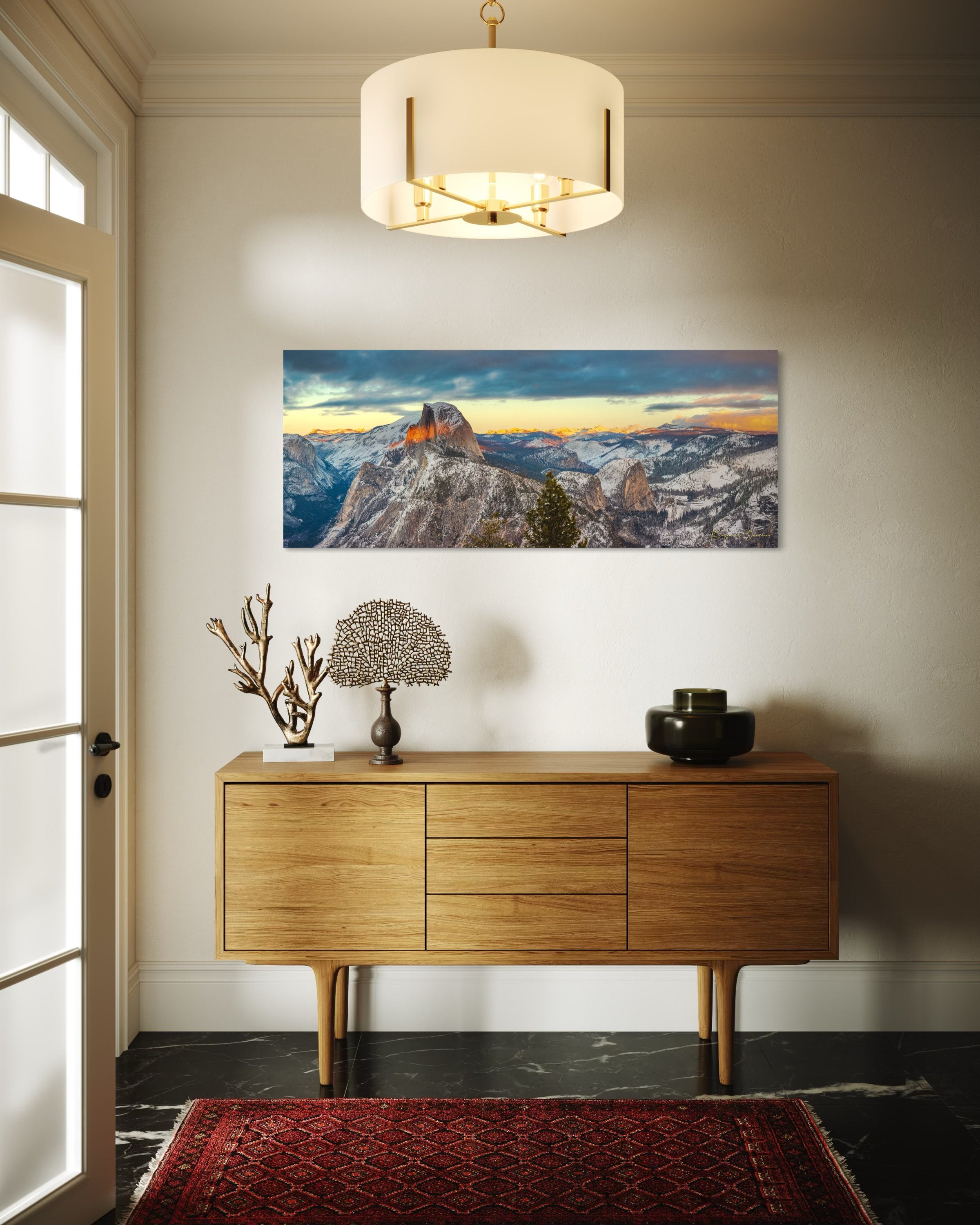 Sunset view of Half Dome monolith with dynamic shadows and sunlight over snow-dusted peaks and clouds in Yosemite National Park. #Finish_Acrylic Recess