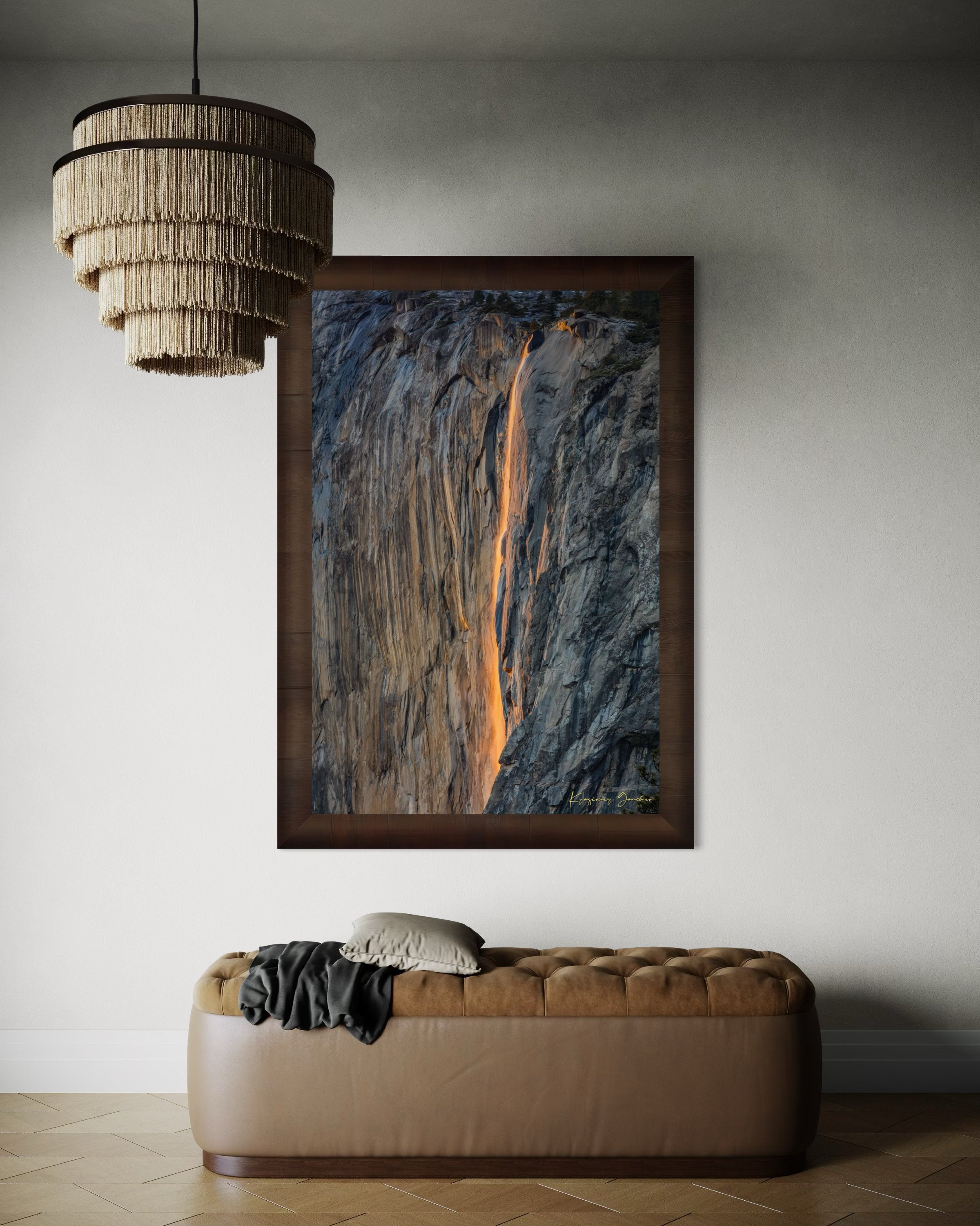 Detailed view of the firefall effect on El Capitan monolith with glowing sunlight refracting through mist from Horsetail Fall in Yosemite. #Finish_Roma Cigar Leaf Frame