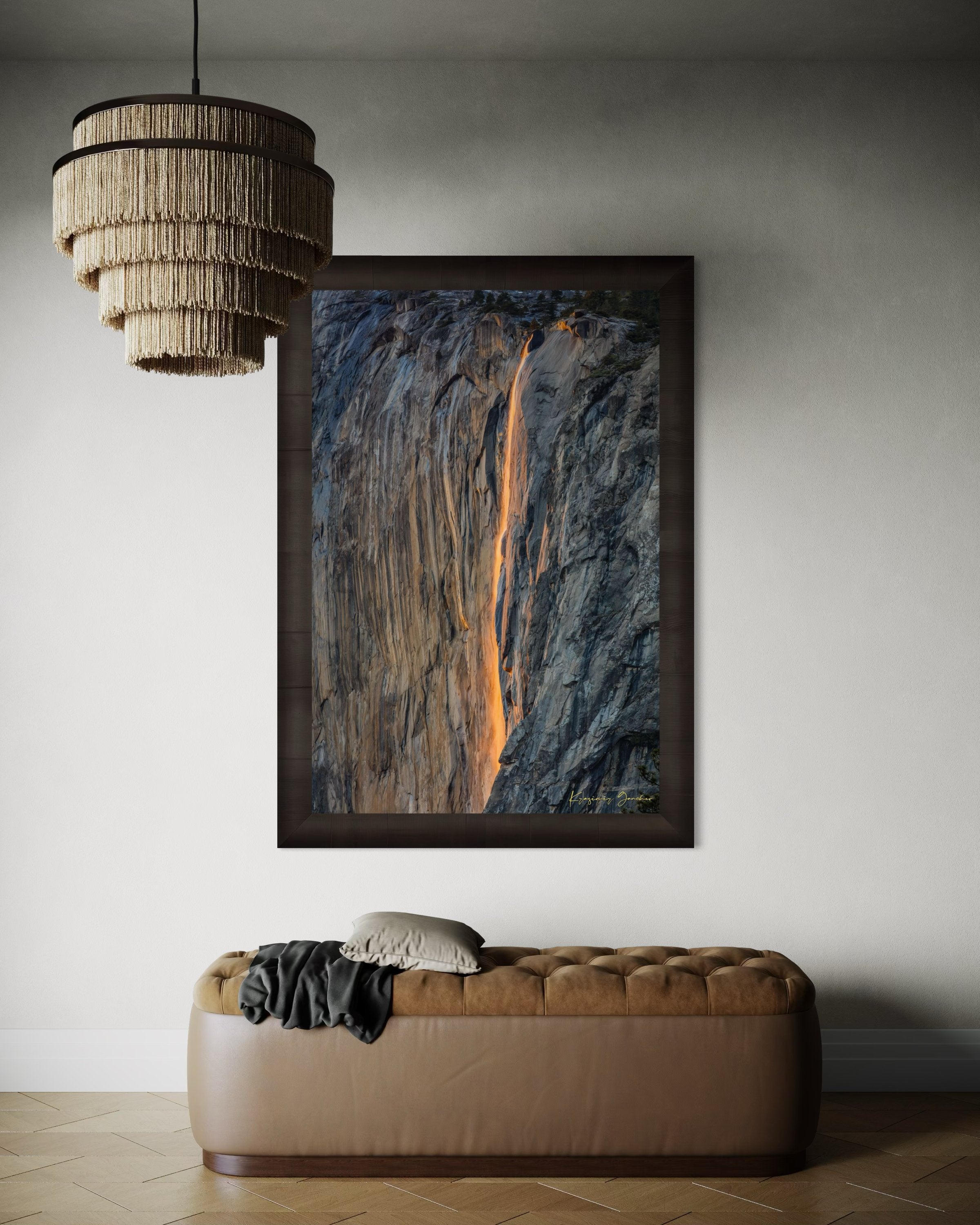 Detailed view of the firefall effect on El Capitan monolith with glowing sunlight refracting through mist from Horsetail Fall in Yosemite. #Finish_Roma Dark Ash Frame