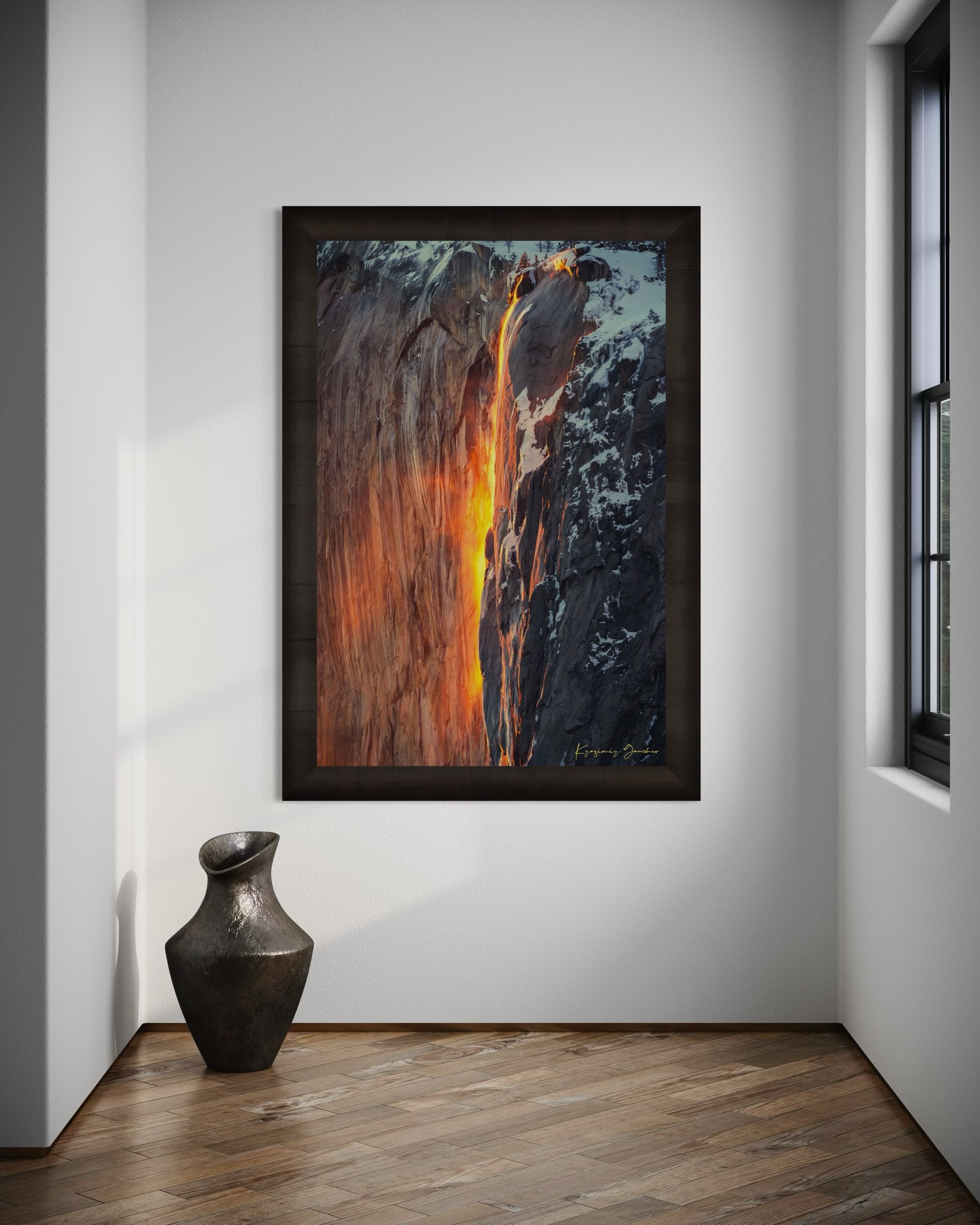 Spectacular sunset view of El Capitan, showing firefall light reflecting on Horsetail Fall amid snowy mountains. #Finish_Roma Dark Ash Frame