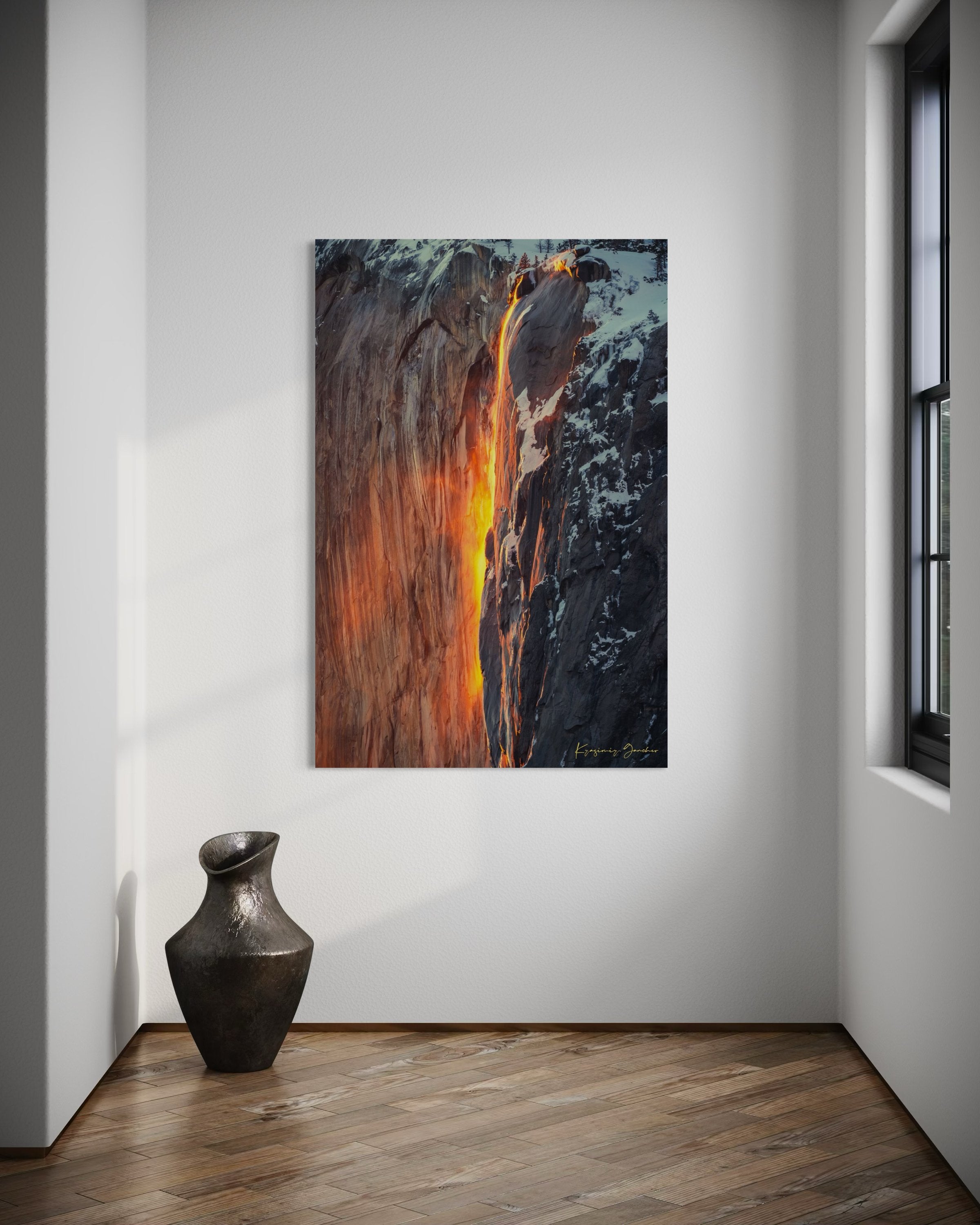 Spectacular sunset view of El Capitan, showing firefall light reflecting on Horsetail Fall amid snowy mountains. #Finish_Acrylic Recess