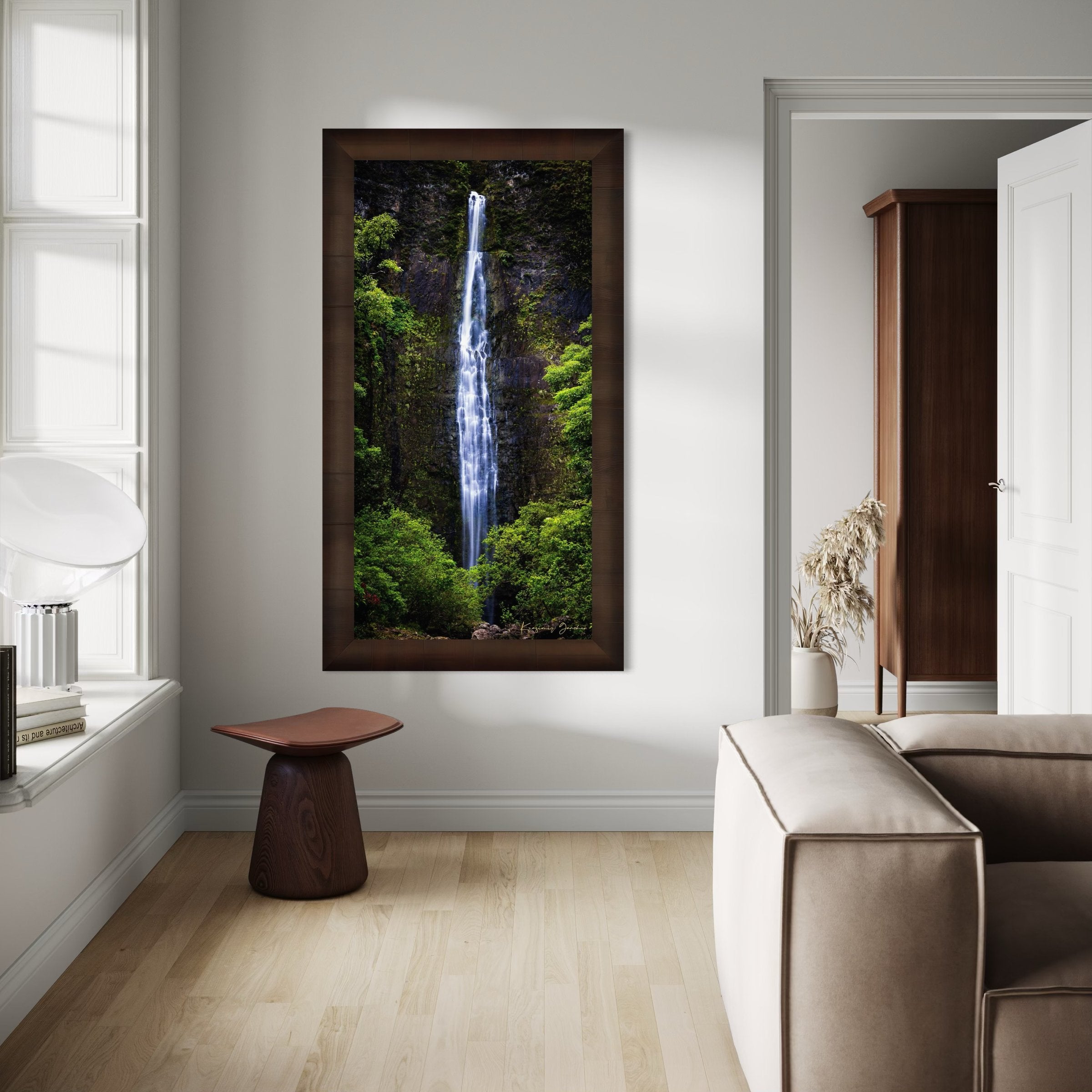 Waterfall cascading down cliff face within Na Pali Coast region of Kauai under daylight conditions. #Finish_Roma Cigar Leaf Frame