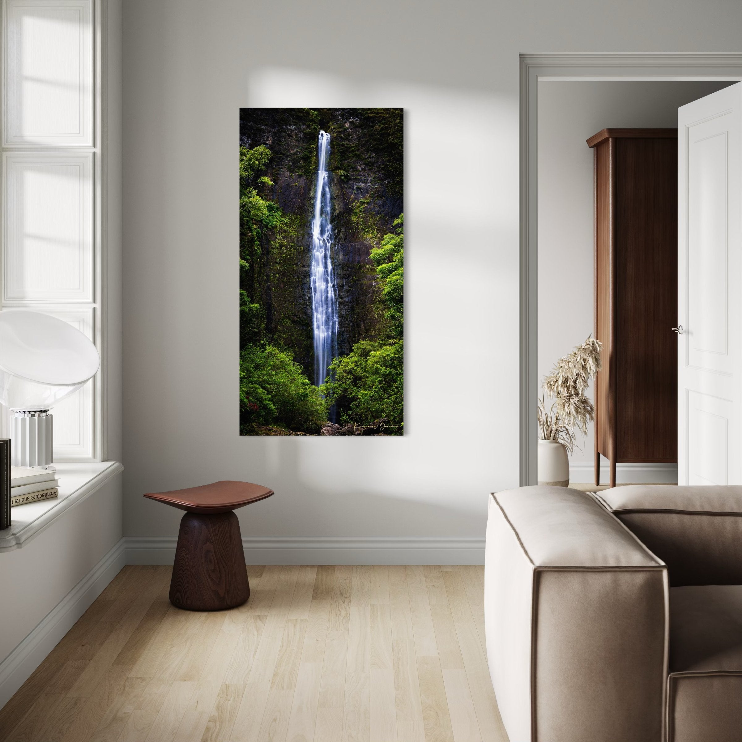 Waterfall cascading down cliff face within Na Pali Coast region of Kauai under daylight conditions. #Finish_Acrylic Recess