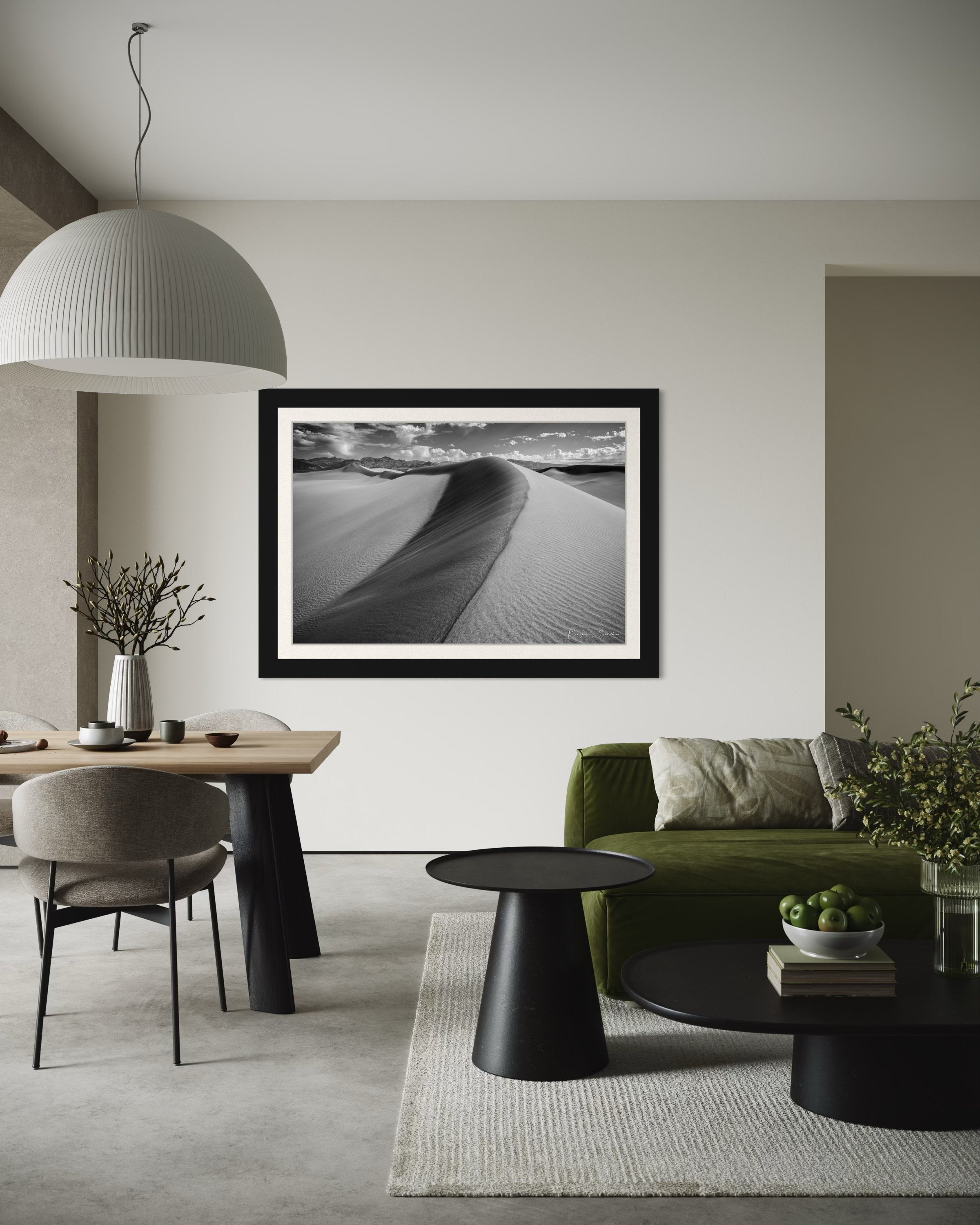 Monochrome sand dune landscape in Death Valley National Park, showing smooth contours and natural textures under daytime lighting. #Finish_Roma Satin Black Frame & Bright Liner