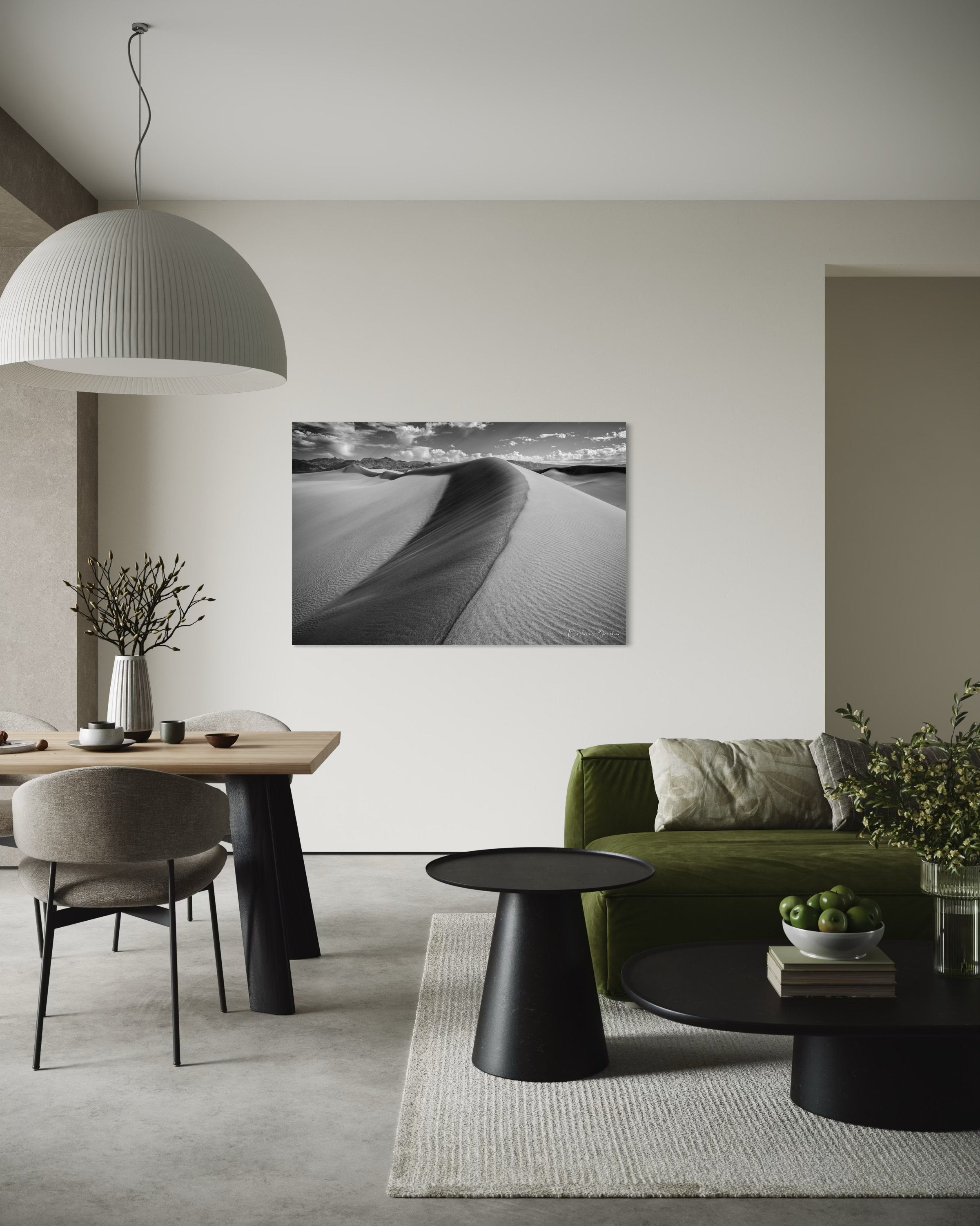 Monochrome sand dune landscape in Death Valley National Park, showing smooth contours and natural textures under daytime lighting. #Finish_Acrylic Recess