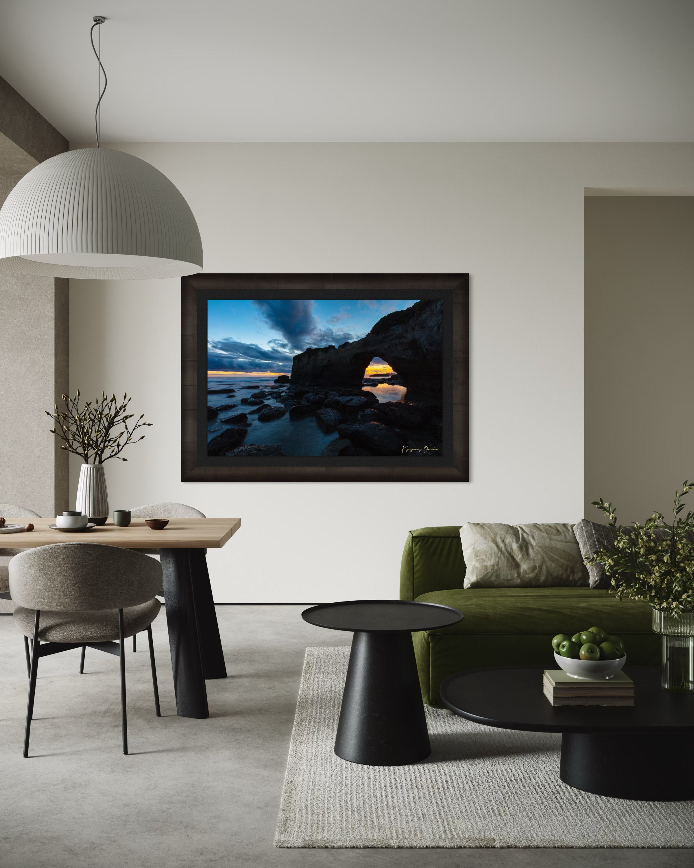 Natural rock arch framing sunset over the Pacific Ocean with waves moving around boulders at Santa Cruz coastline. #Finish_Roma Dark Ash Frame & Dark Liner