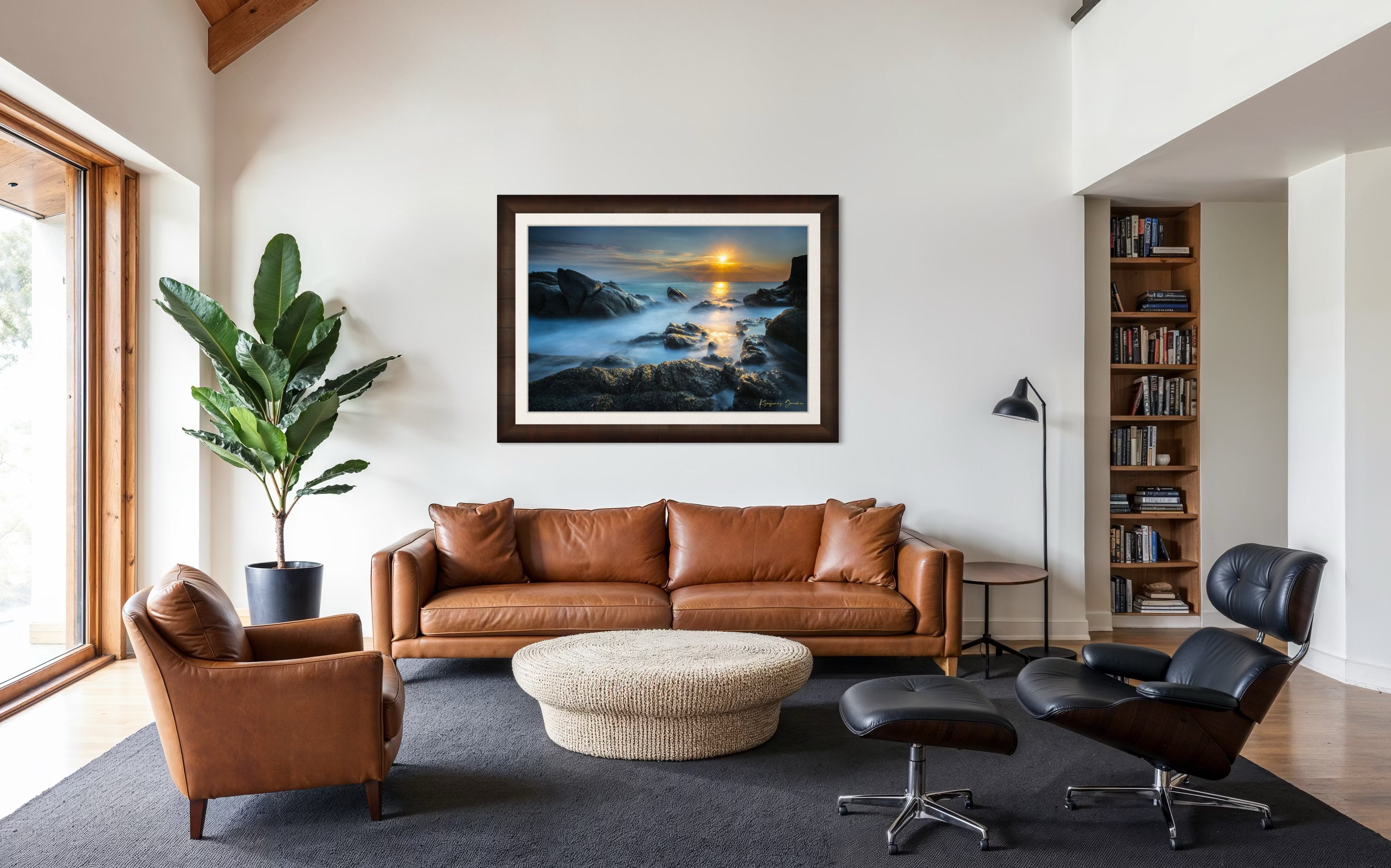 Coastal rocks with a sea stack at sunrise, soft light on the moving sea surface. Taken in Sarti, Greece. #Finish_Roma Cigar Leaf Frame & Bright Liner