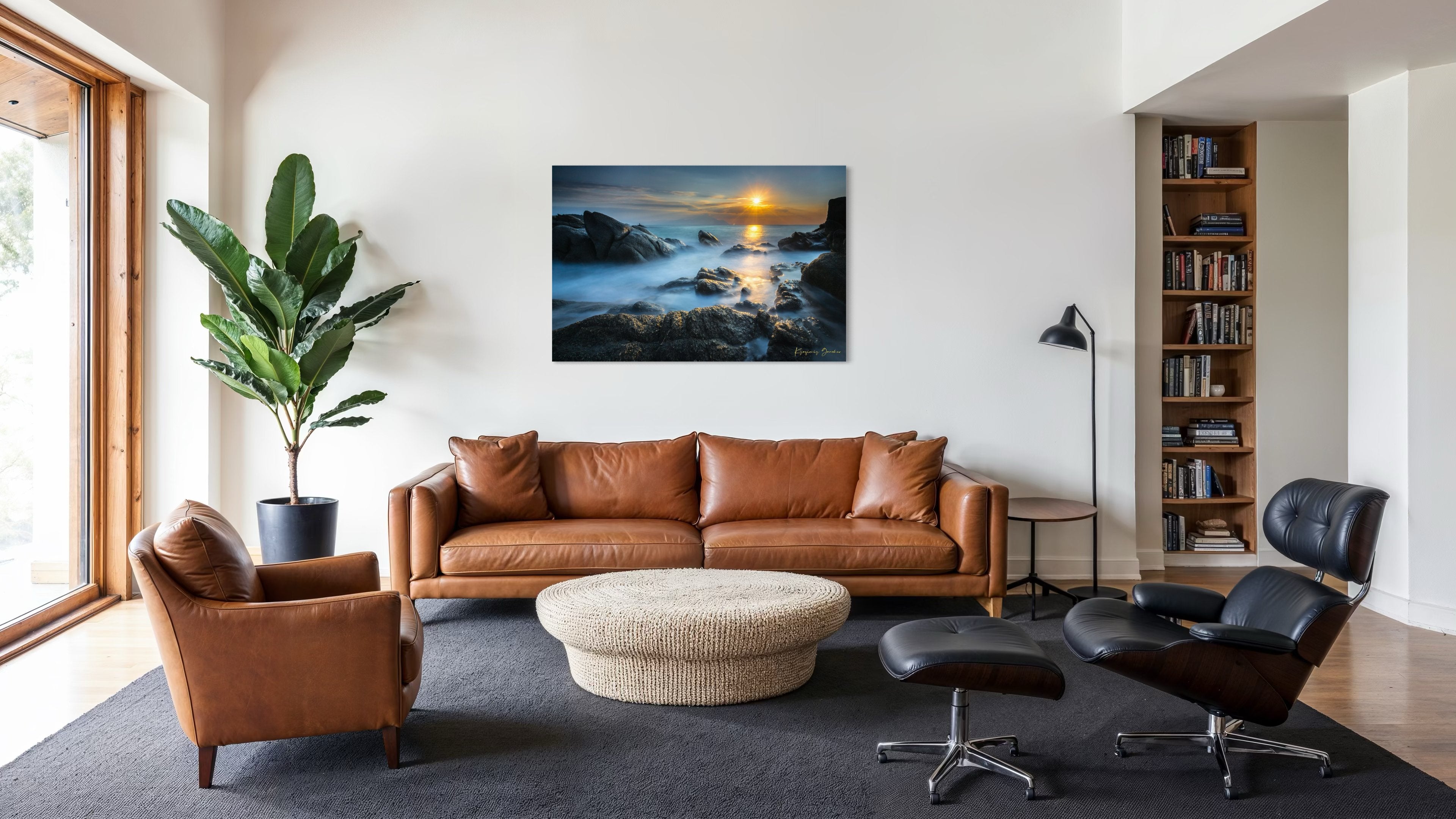 Coastal rocks with a sea stack at sunrise, soft light on the moving sea surface. Taken in Sarti, Greece. #Finish_Acrylic Recess