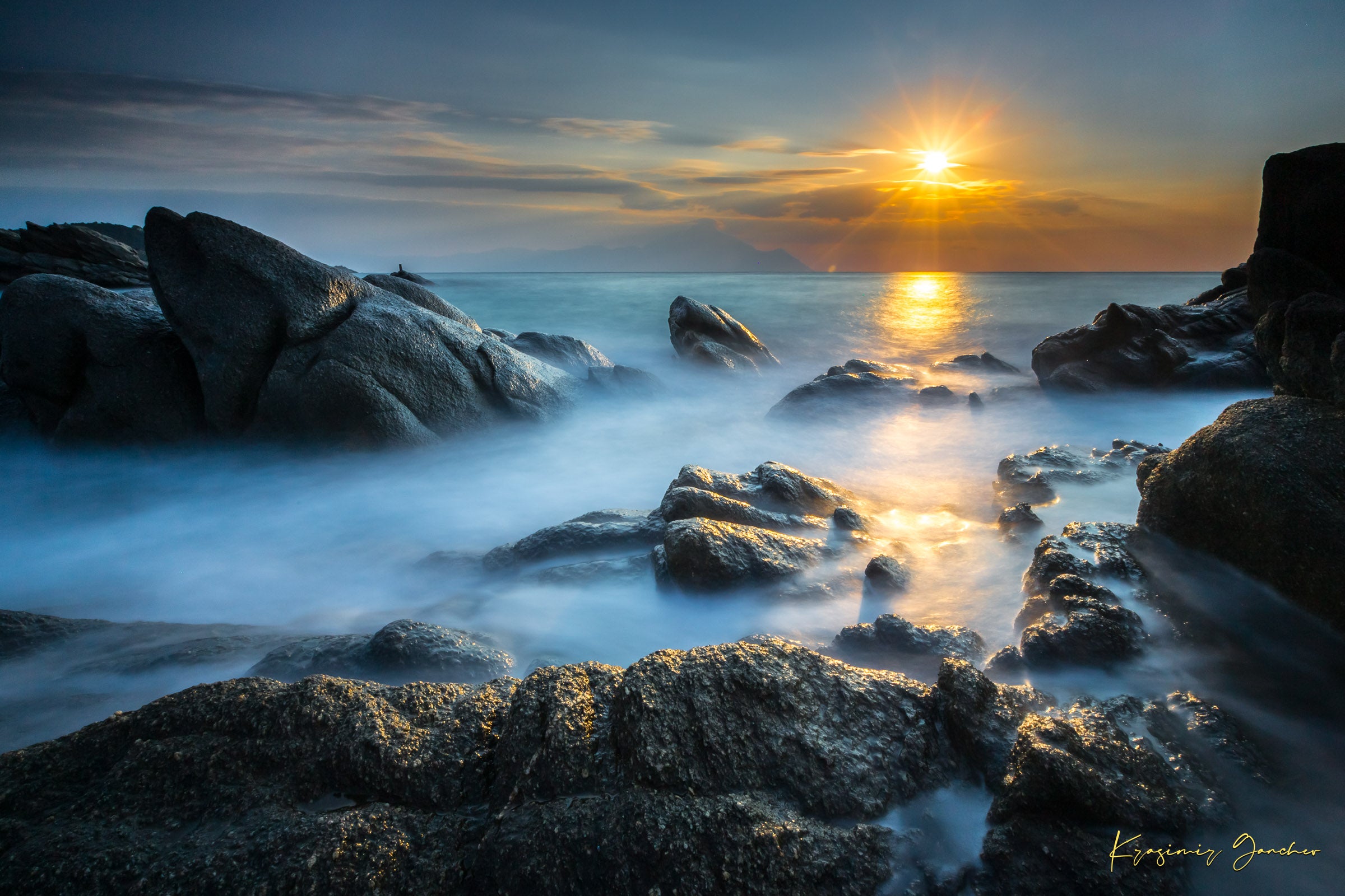 Coastal rocks with a sea stack at sunrise, soft light on the moving sea surface. Taken in Sarti, Greece. #Finish_Acrylic Recess