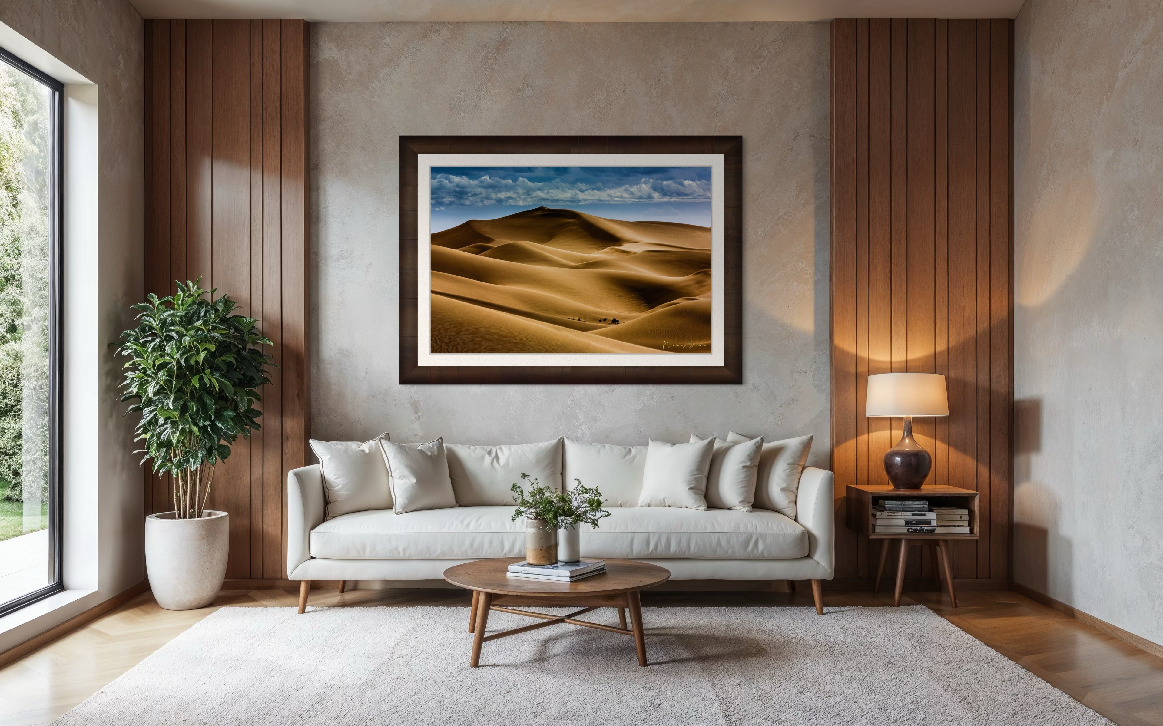 Sweeping desert dune curves in Brawley bathed in warm light, framed by a tranquil sky to emphasize natural grandeur. #Finish_Roma Cigar Leaf Frame & Bright Liner